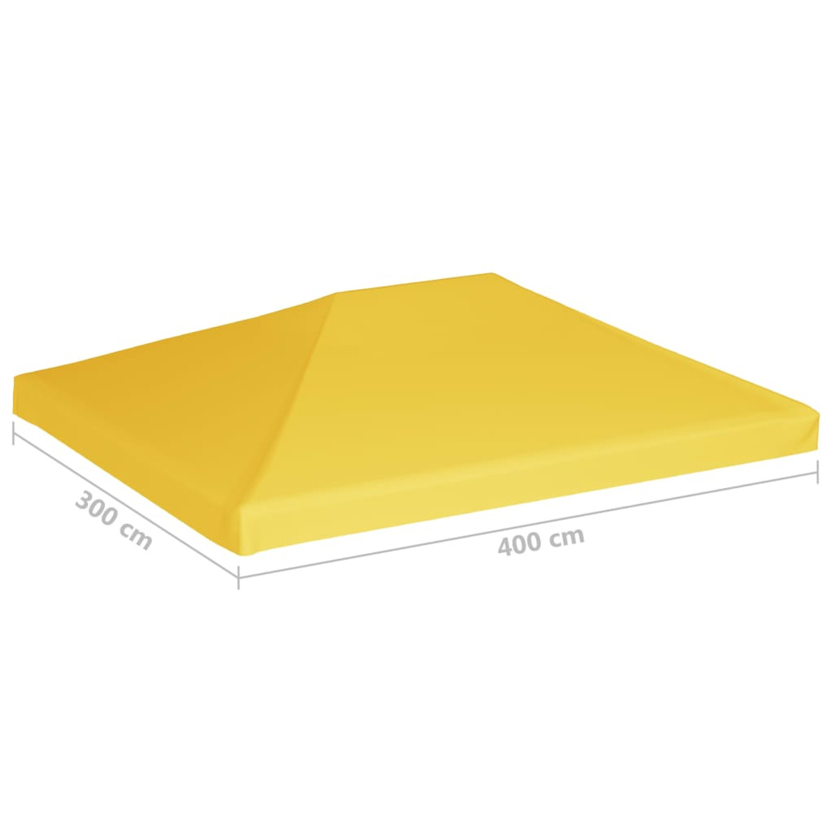 Ein gelber, quadratischer Schirm. Die Maße sind 300 cm x 400 cm. Es ist ein sonniger Tag.