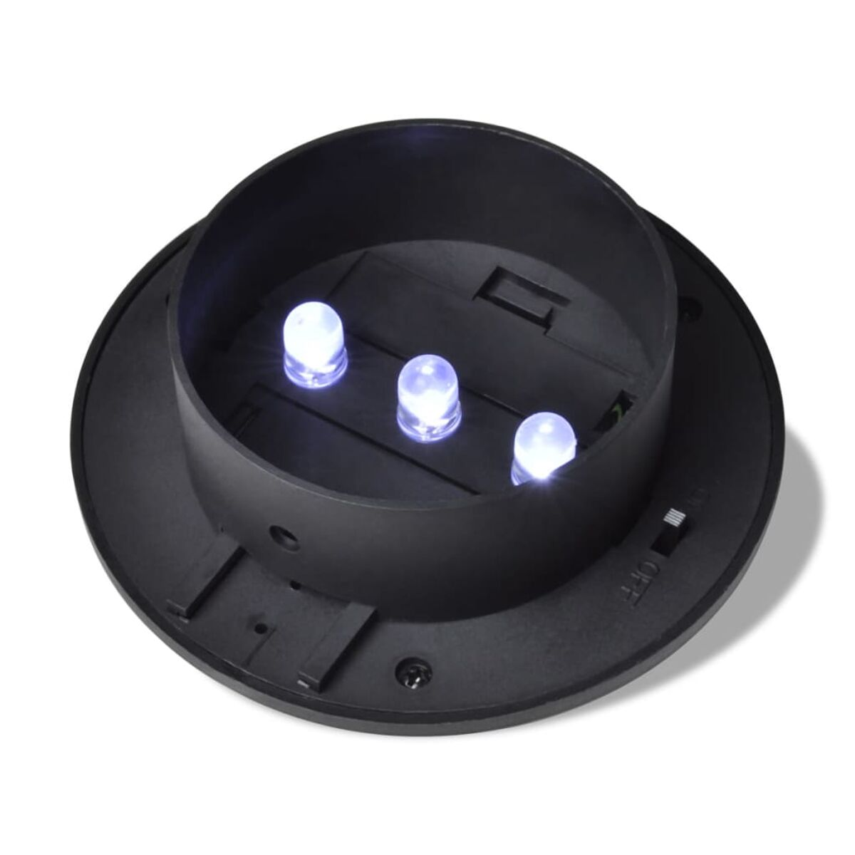 Luce esterna nera con tre LED bianchi, forma circolare, interruttore on/off.