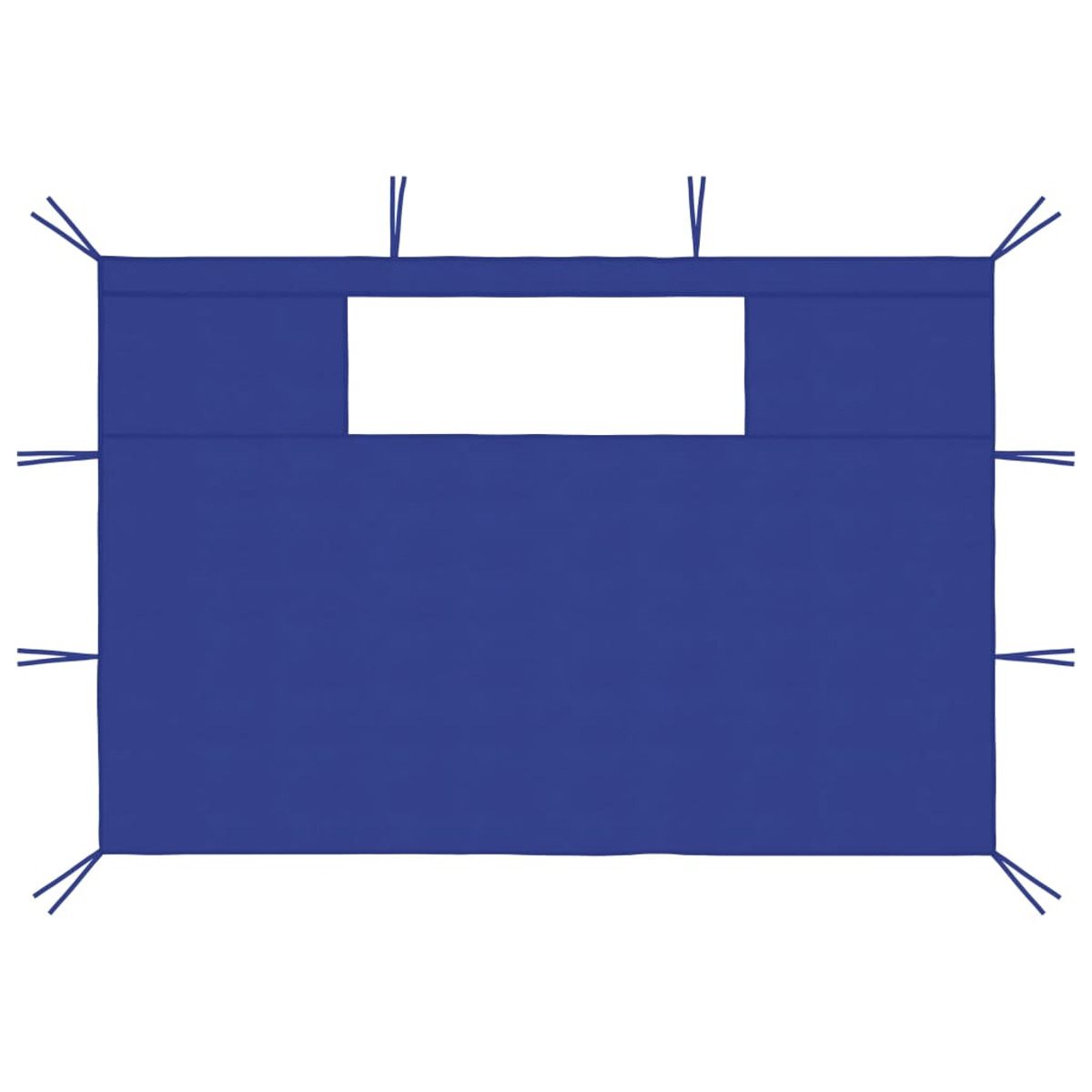 Una tenda parasole in tessuto blu con cordini.