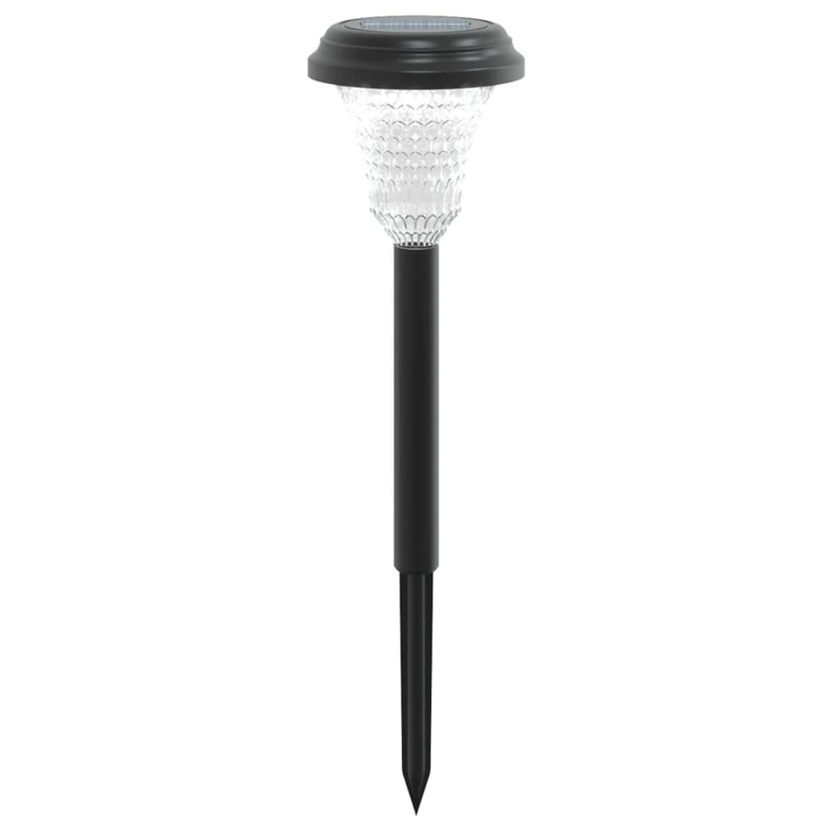 Una luce solare da giardino con un palo e una punta neri. Copertura luminosa trasparente e strutturata e parte superiore nera.