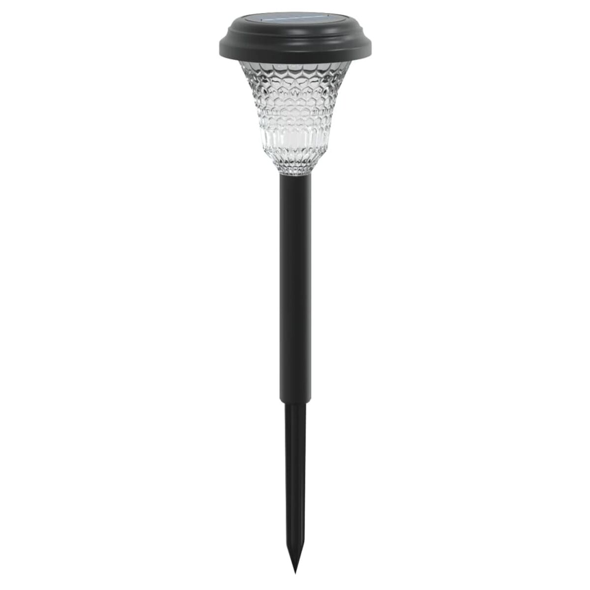 Luce solare da giardino. Palo e parte superiore neri. Lampadina in vetro trasparente e decorato. Sfondo bianco.