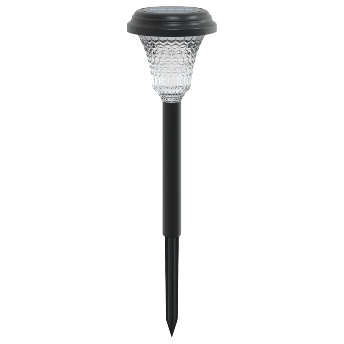 Una lampada da giardino a energia solare nera con un top in vetro trasparente e strutturato.
