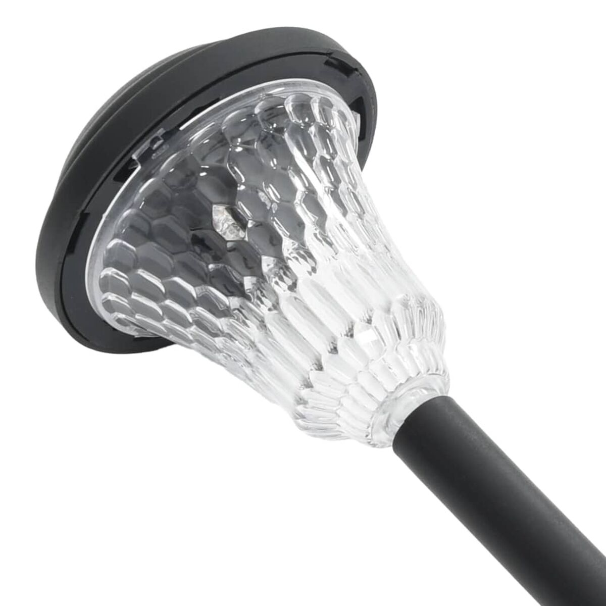 Luce solare da giardino, parte superiore e stelo neri, lampada trasparente e strutturata.