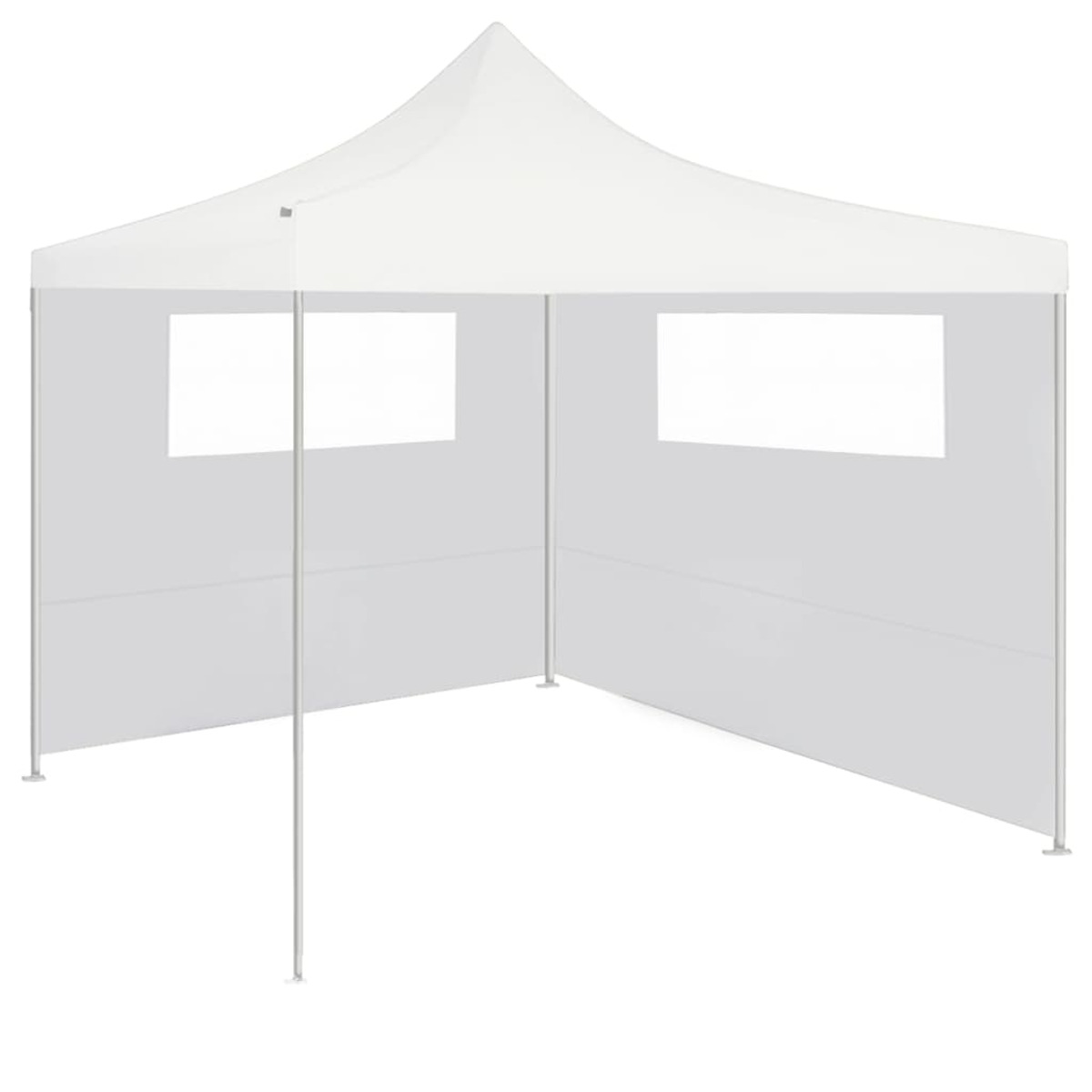Gazebo pop-up bianco. Finestre e pareti trasparenti. Struttura in metallo. Sfondo bianco.