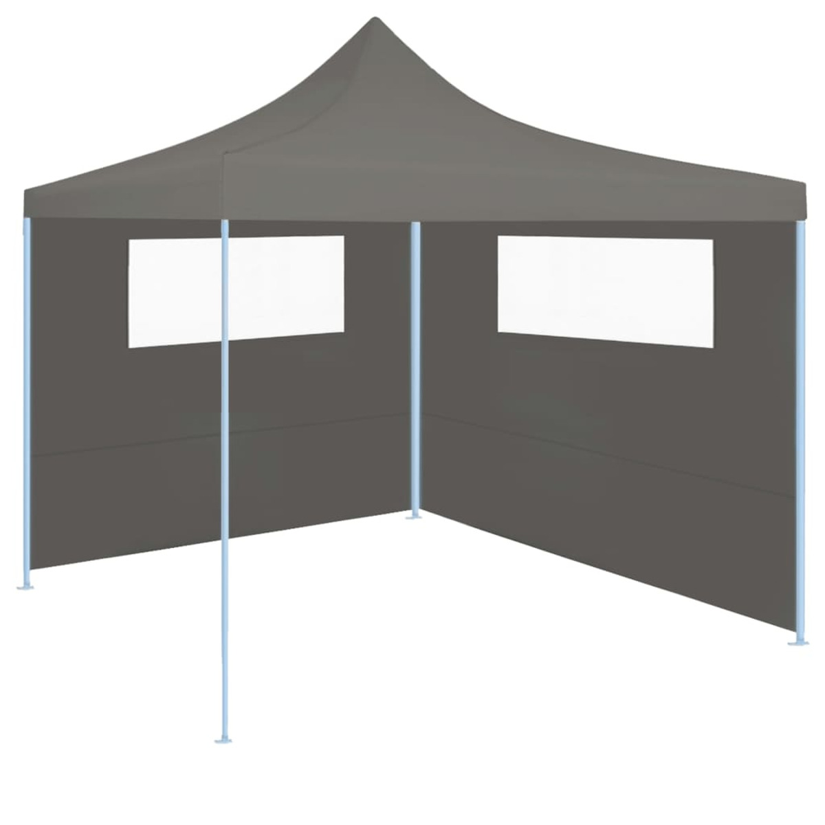 Tenda grigia con pali bianchi e due finestre.