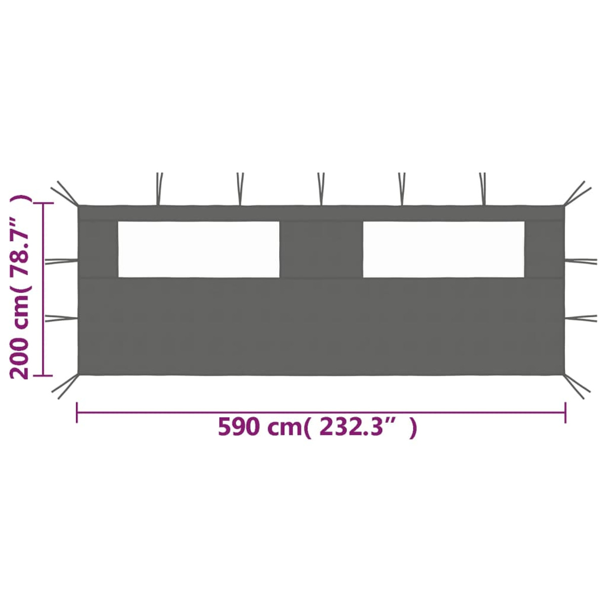 Parasole rettangolare grigio con due ritagli e dimensioni indicate.