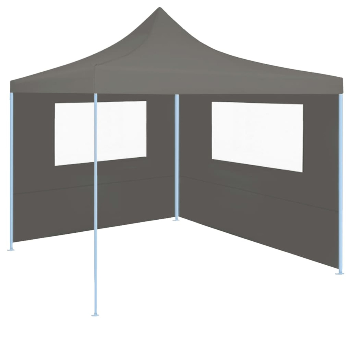 Tenda grigia con pali bianchi e due finestre.