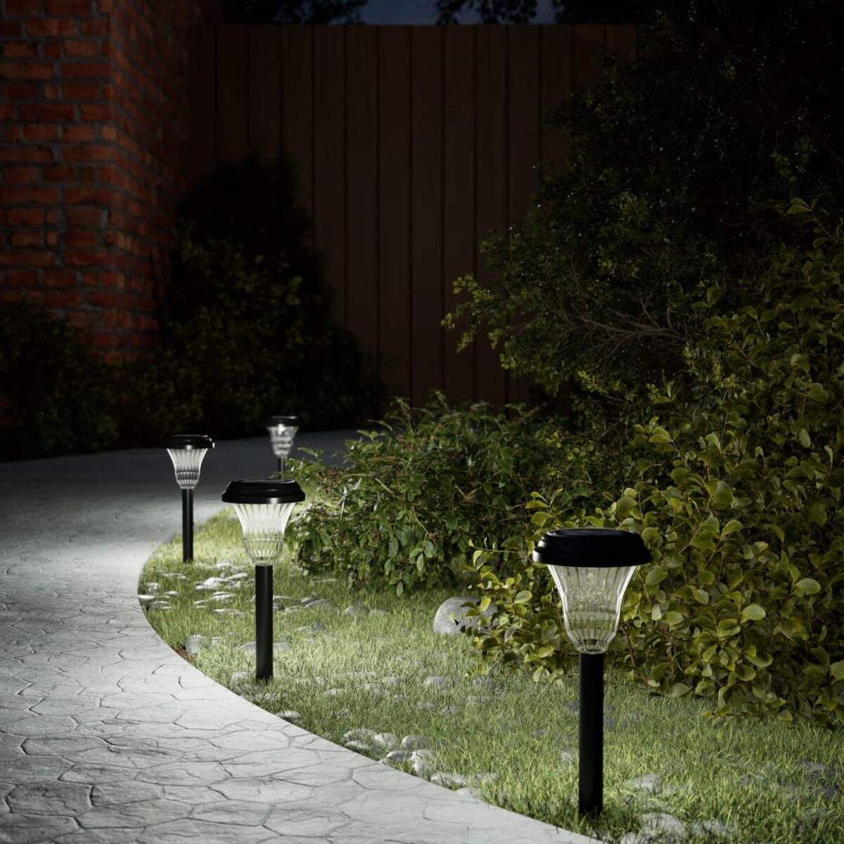 Sentiero del giardino con luci solari che illuminano cespugli e sfondo scuro.