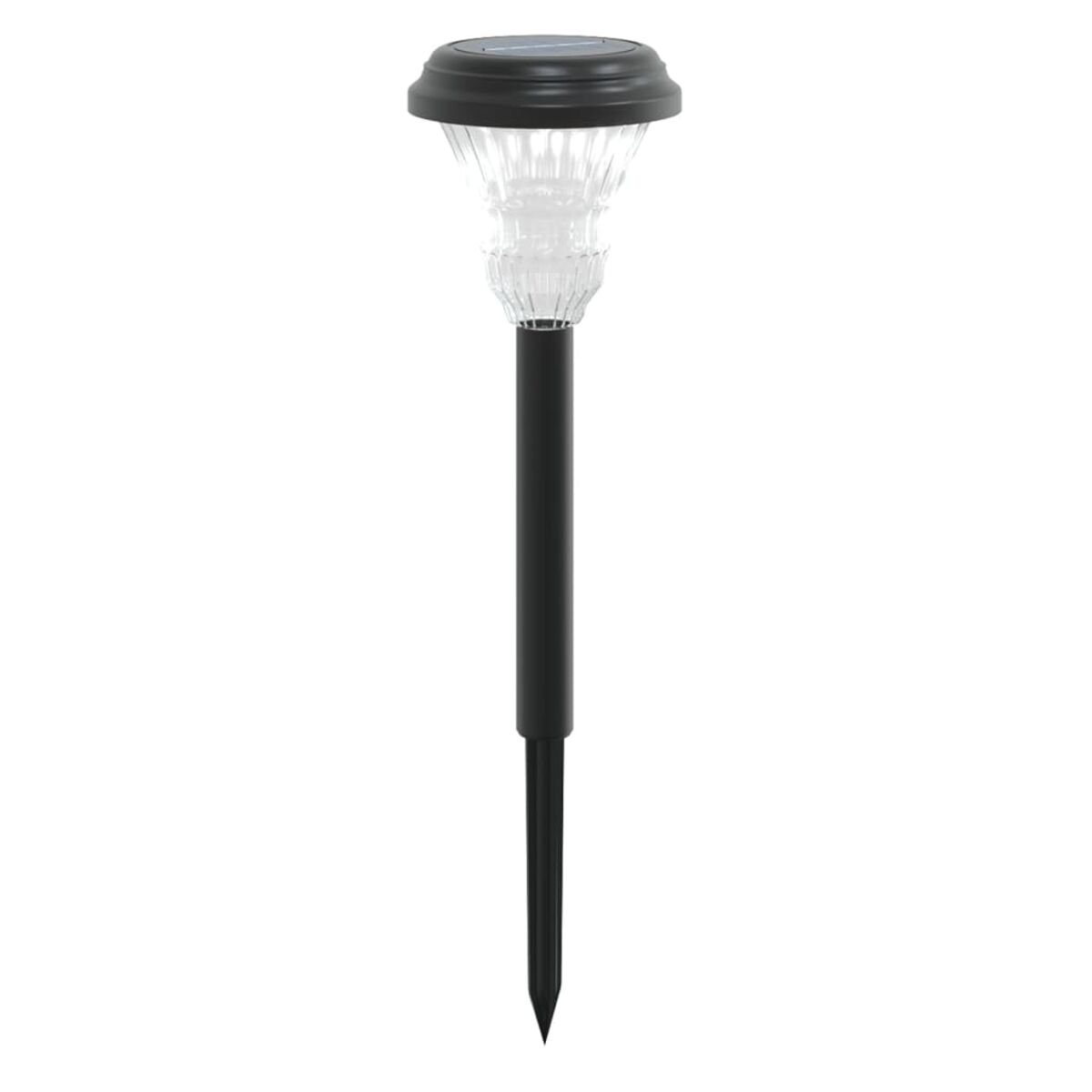 Una luce solare da giardino nera e trasparente con un picchetto per l'installazione.