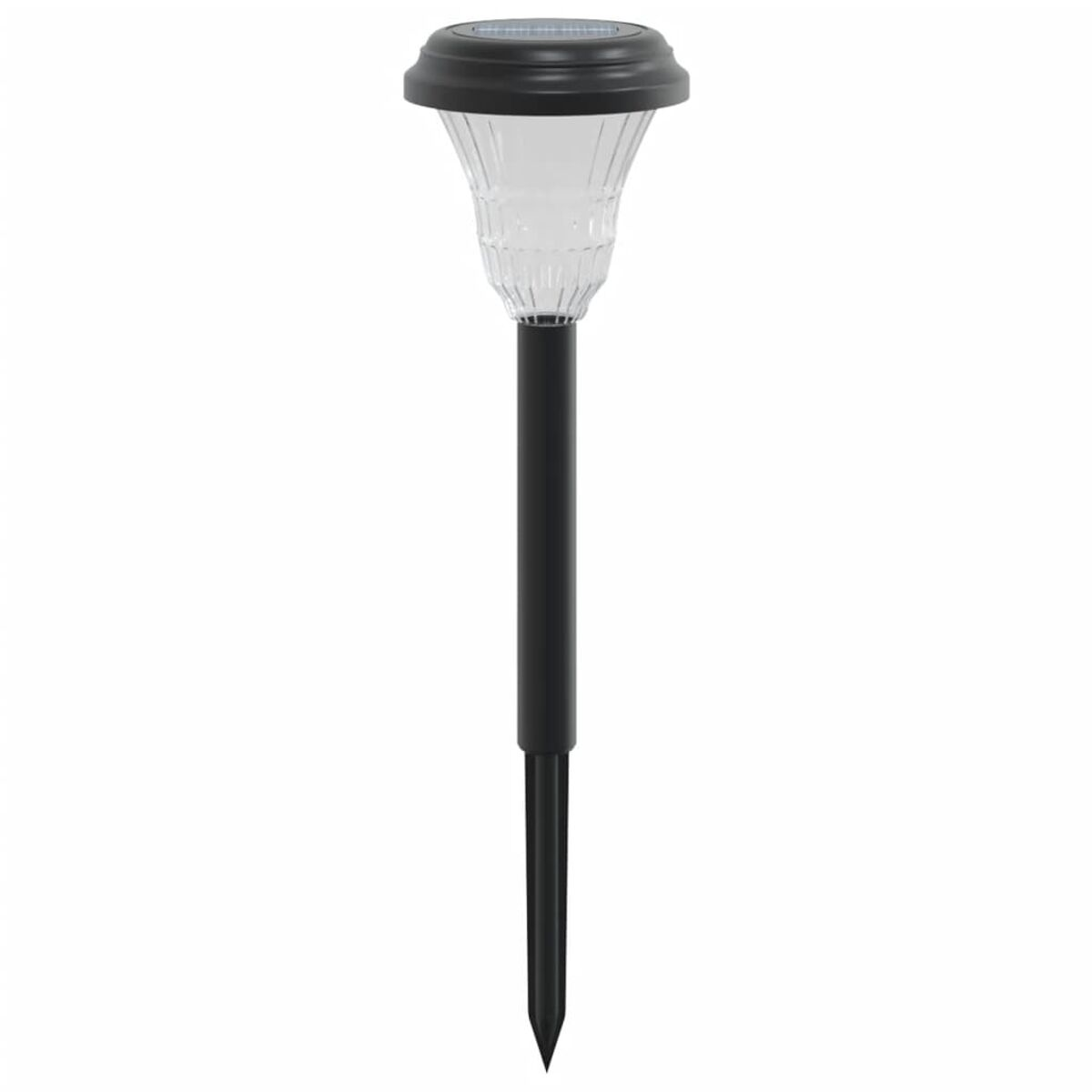 Luce solare da giardino con parte superiore nera, copertura in plastica trasparente e base a paletto nera. Sfondo bianco.