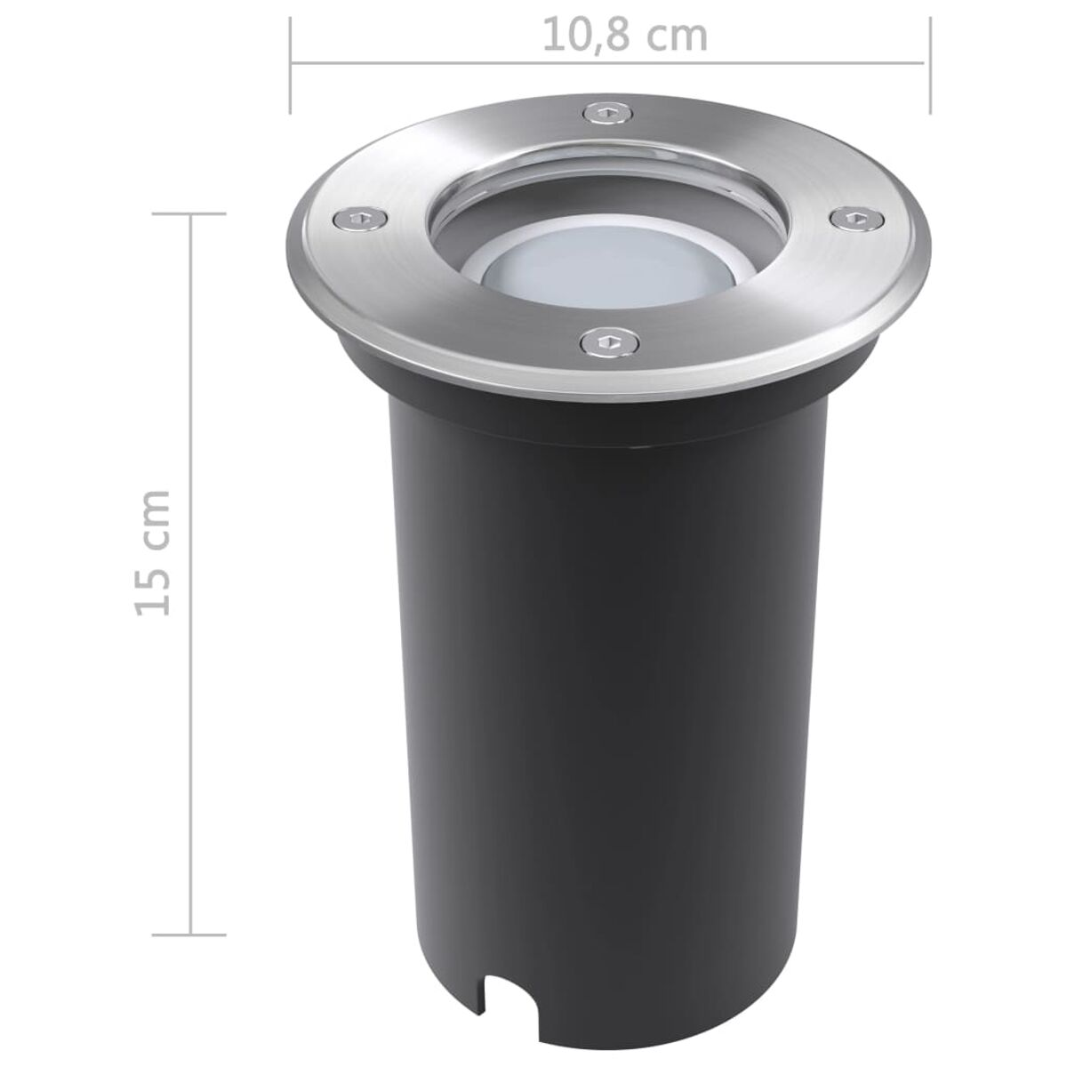 Un apparecchio per illuminazione da esterno a incasso con dimensioni etichettate in centimetri.