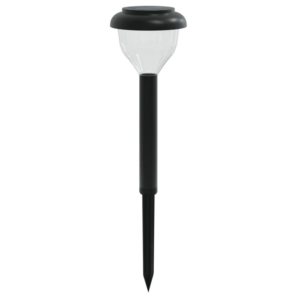 Luce da giardino a energia solare nera con parte superiore trasparente e picchetto.