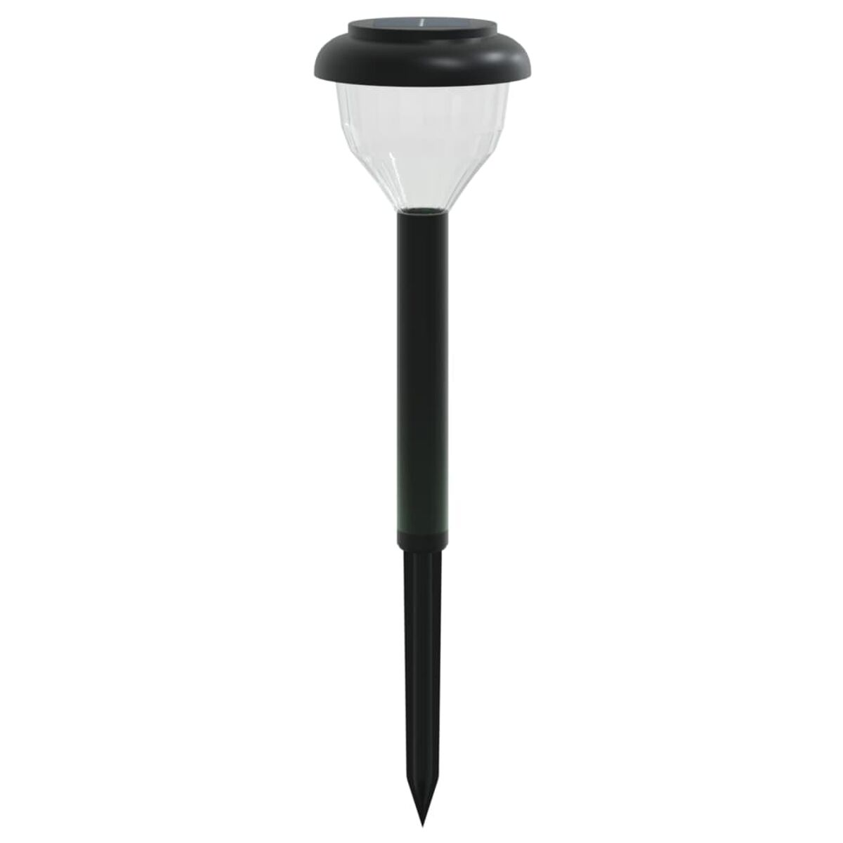 Luce solare da giardino con parte superiore nera, copertura in plastica trasparente e base a paletto nera. Sfondo bianco.