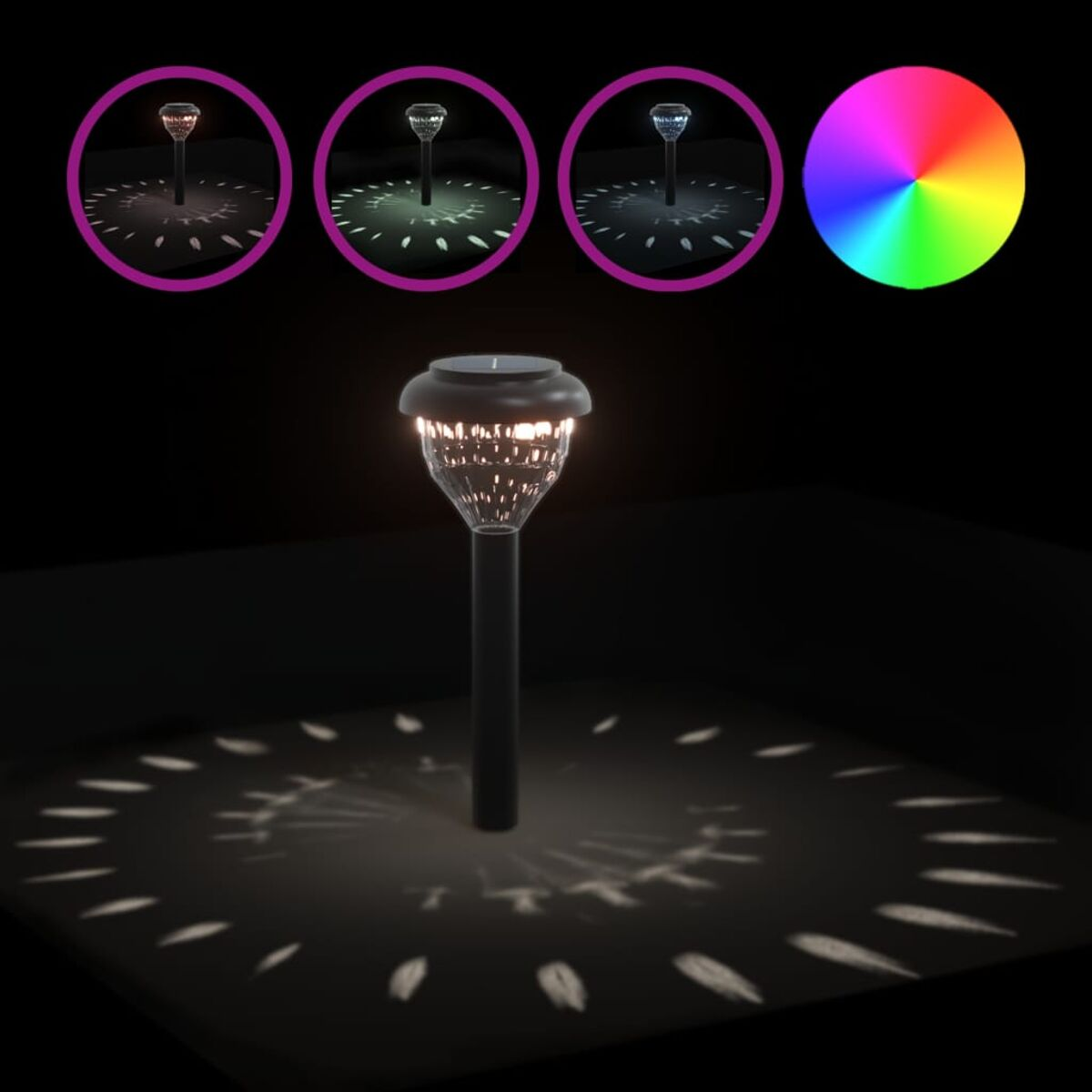 Una luce solare da giardino con opzioni di colore e proiezioni di modelli di luce su una superficie nera.