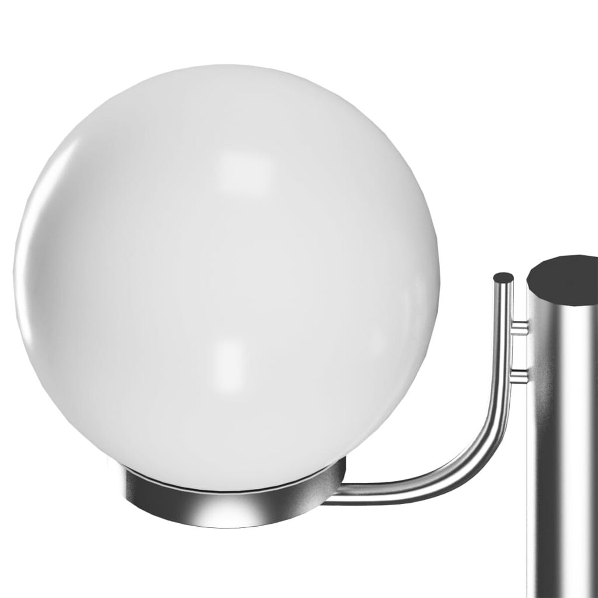 Lampada a globo bianco montata su un palo argentato curvo, sfondo bianco.