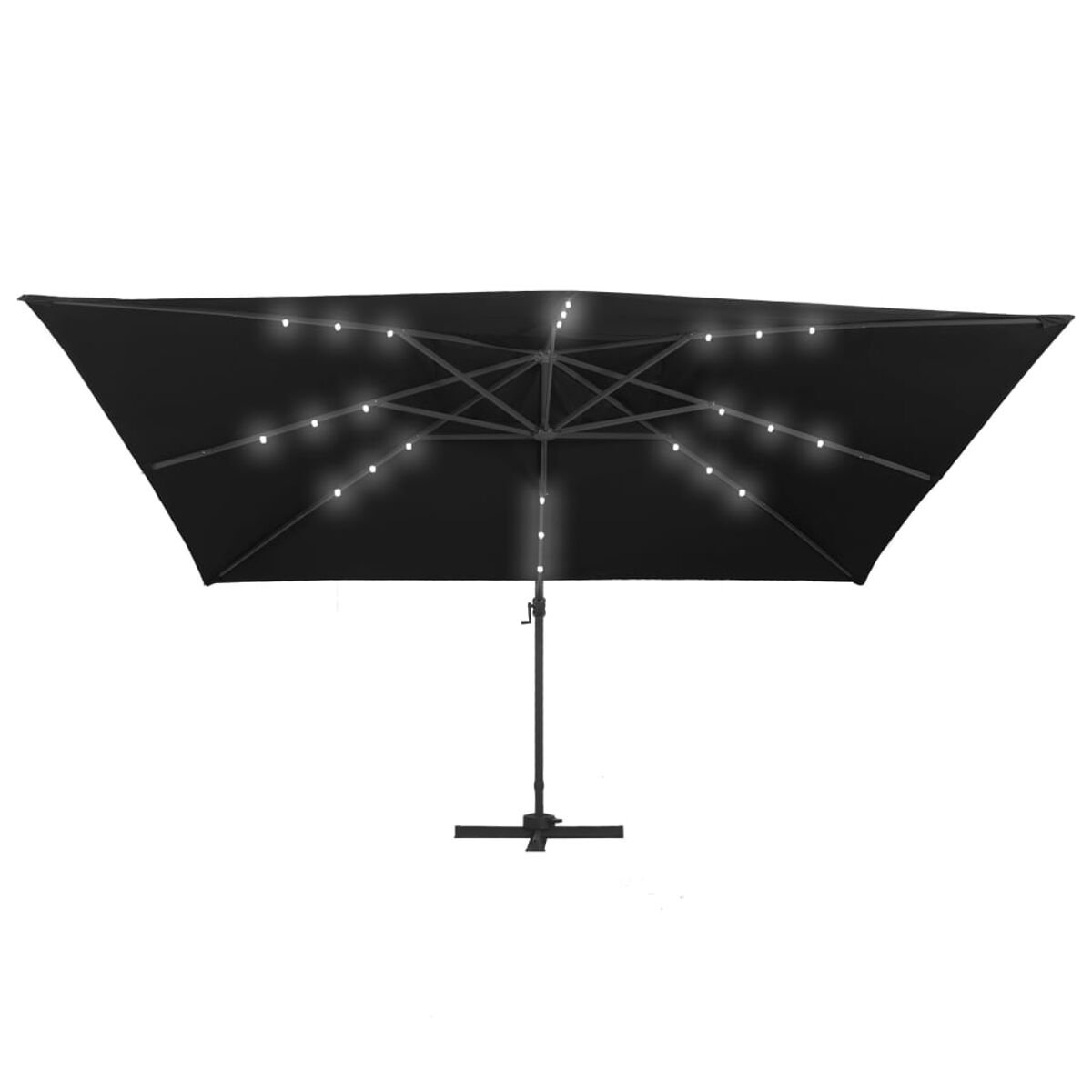 Ombrellone rettangolare nero con luci e palo e base neri.