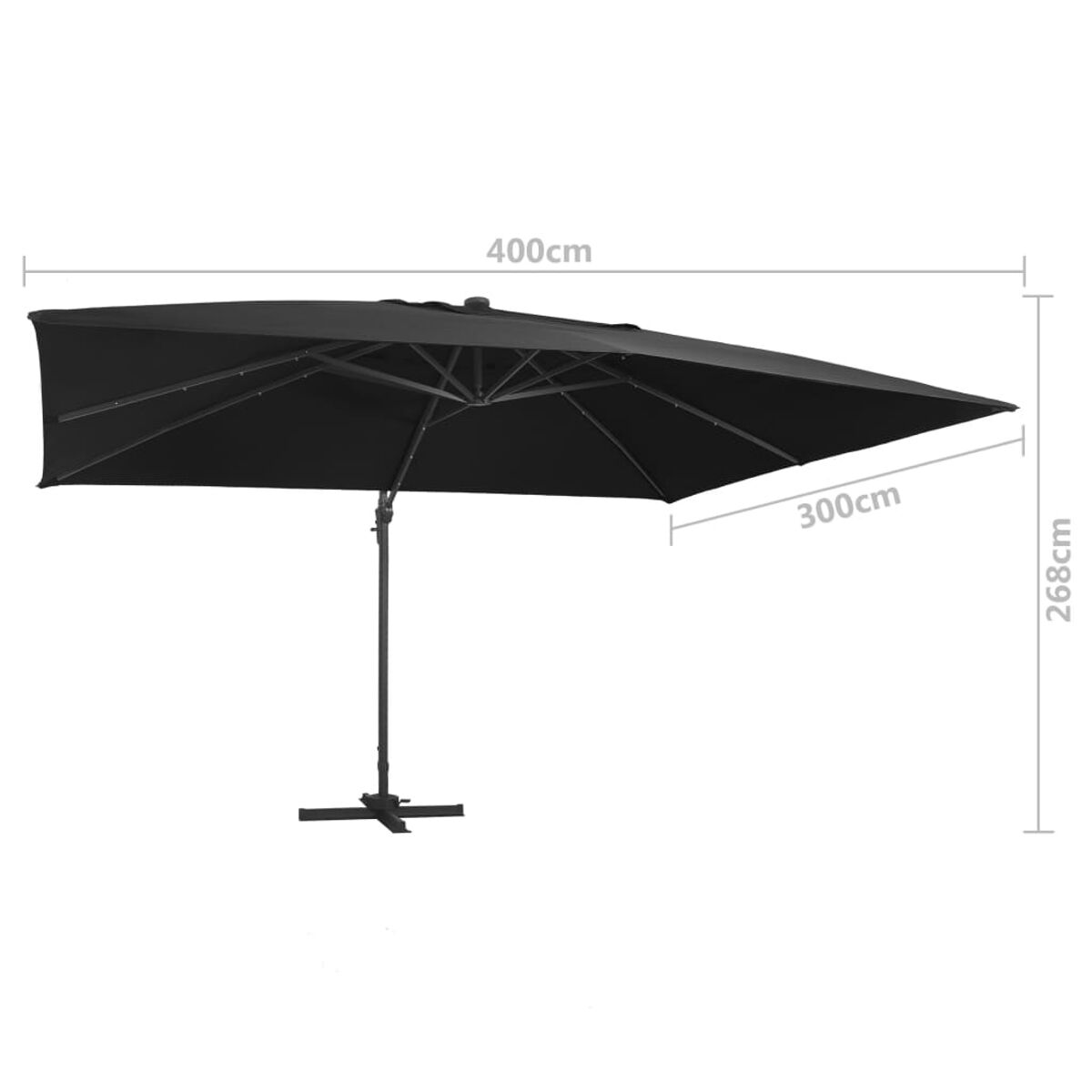 Ombrellone da patio rettangolare nero. Dimensioni: 400 cm x 300 cm x 268 cm. Sfondo bianco.