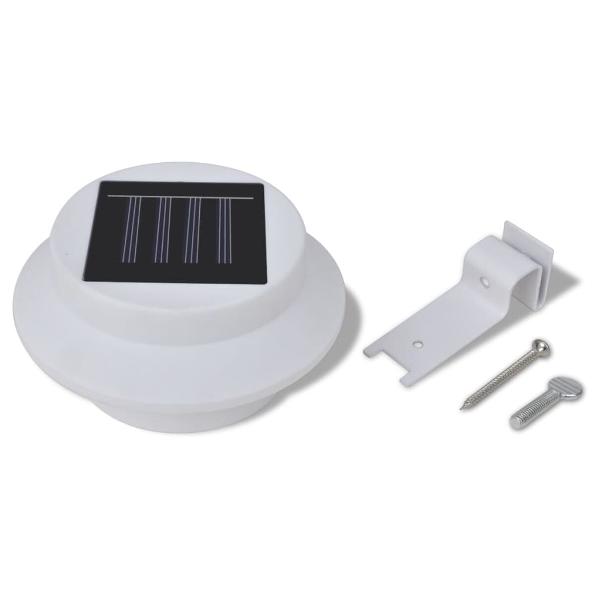 Componenti della luce solare: una base bianca con pannello solare, viti e una staffa.