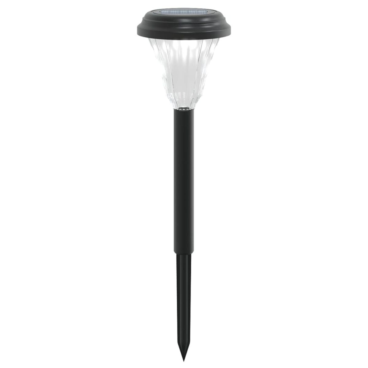 Luce solare da giardino con parte superiore nera, copertura in plastica trasparente e base a paletto nera. Sfondo bianco.