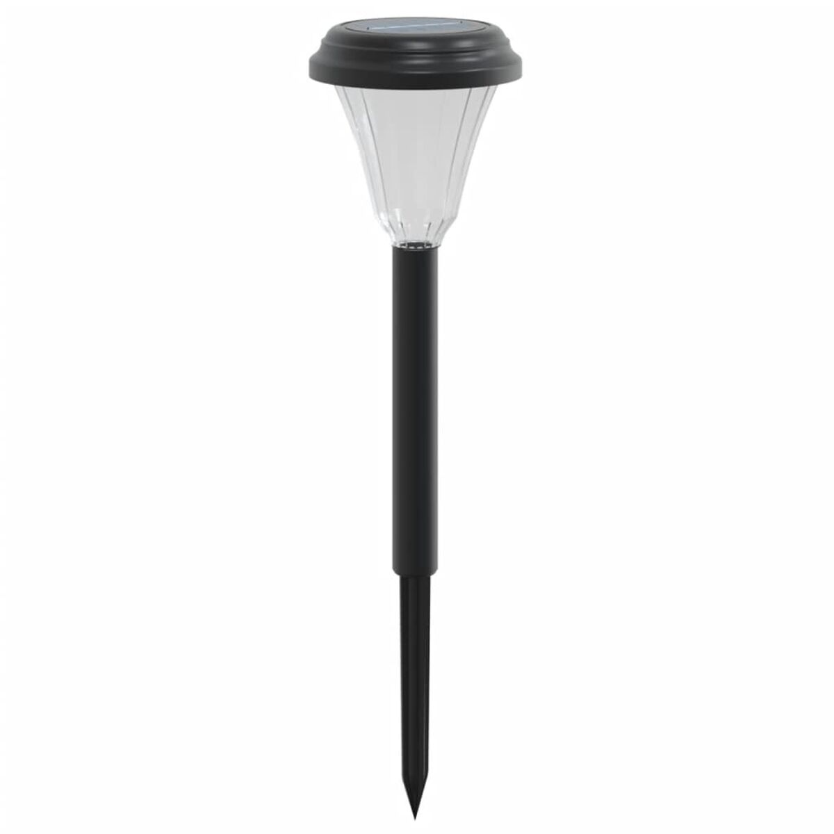 Una lampada solare da giardino nera con paralume trasparente e scanalato e paletto nero, su sfondo bianco.
