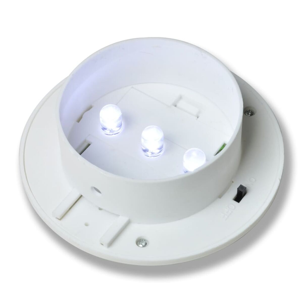 Apparecchio di illuminazione bianco con tre luci a LED. Il retro ha un interruttore.