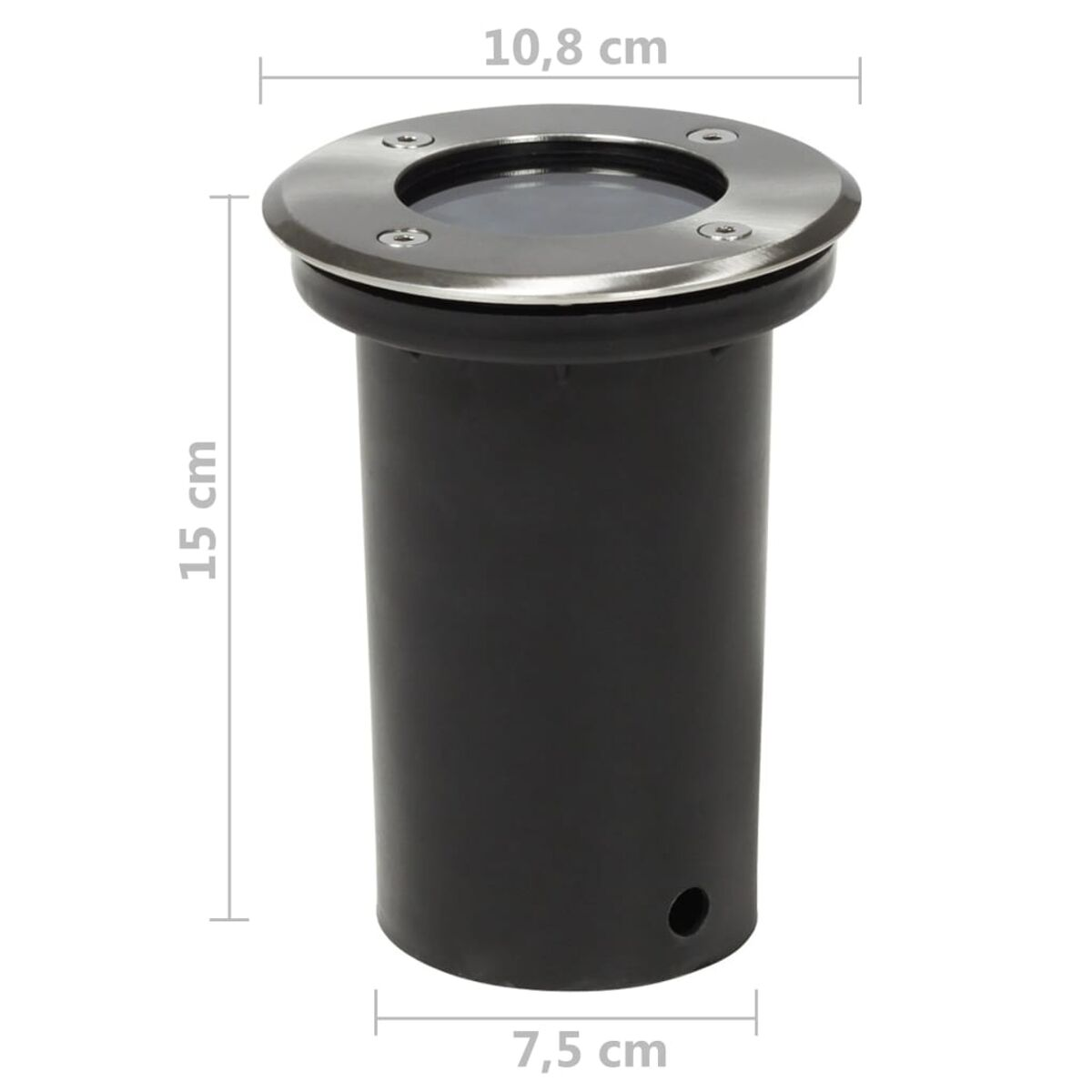 Un apparecchio di illuminazione cilindrico nero per esterni con bordo argentato e tre piccole luci.
