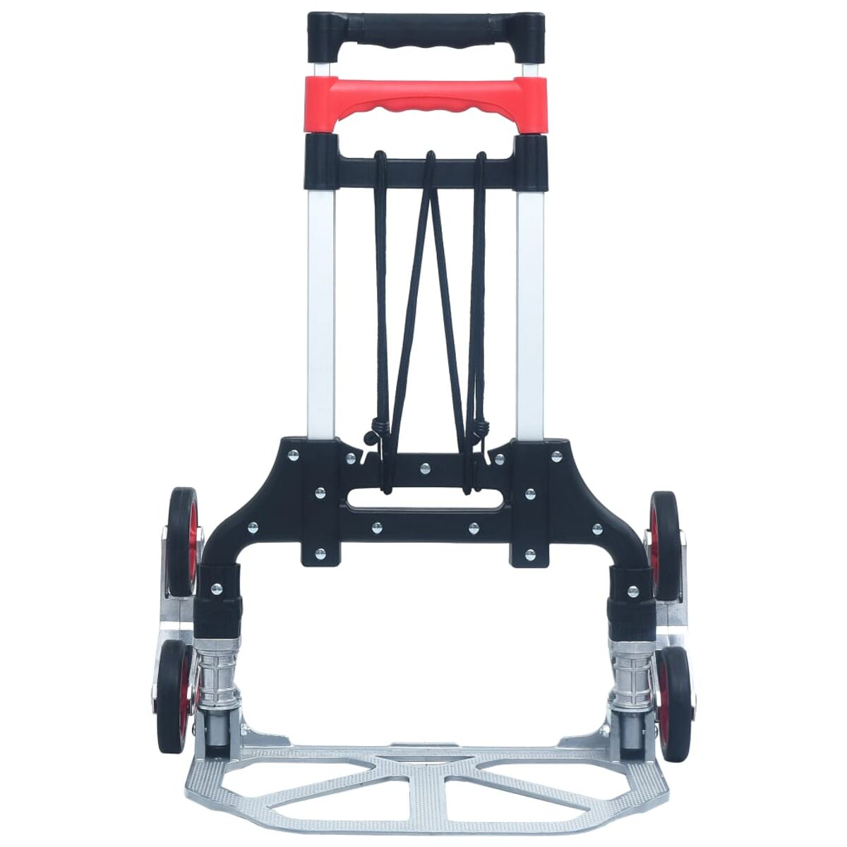 Carrello manuale, manico rosso, telaio nero e argento, quattro ruote, corde elastiche nere.