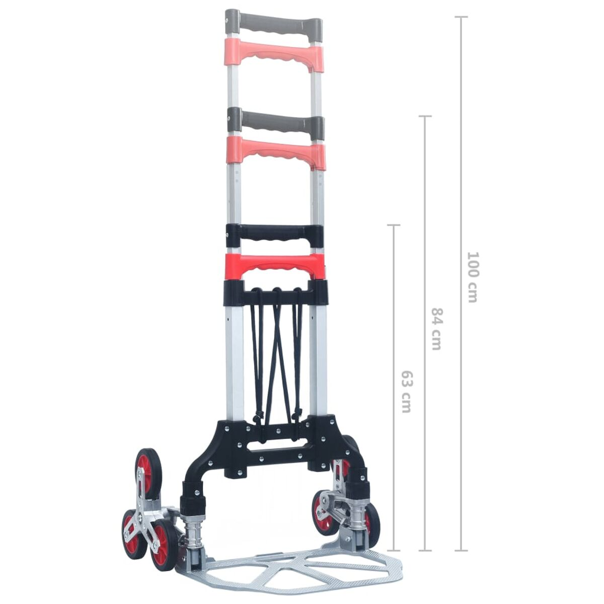Carrello manuale con misure. È di colore nero, rosso e argento.