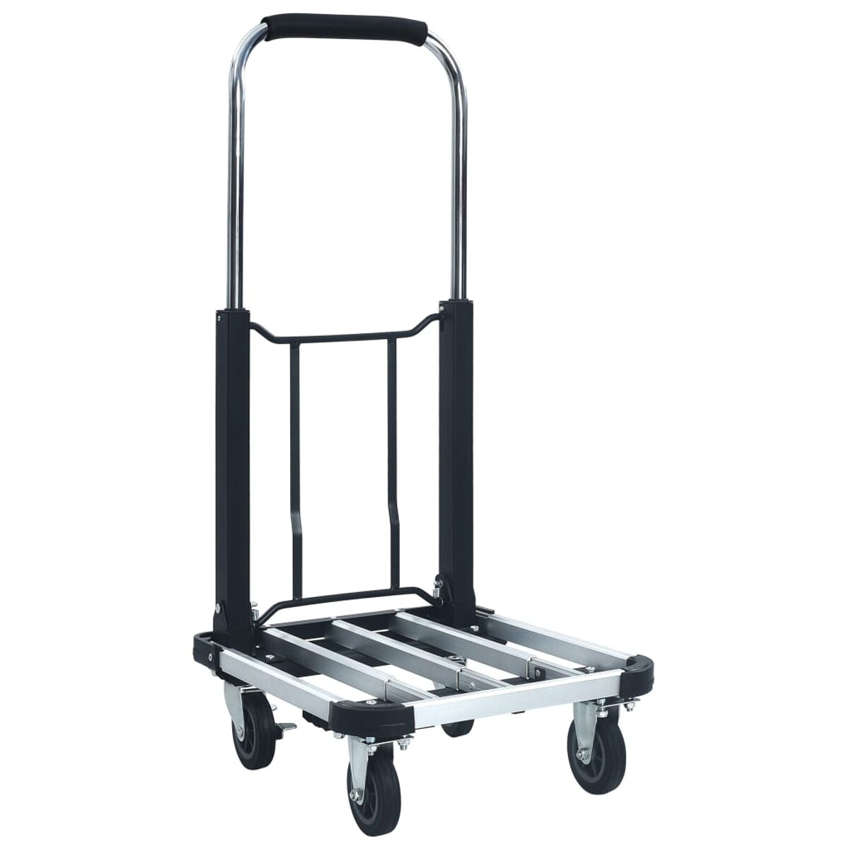 Carrello a mano pieghevole su sfondo bianco, con manici neri.