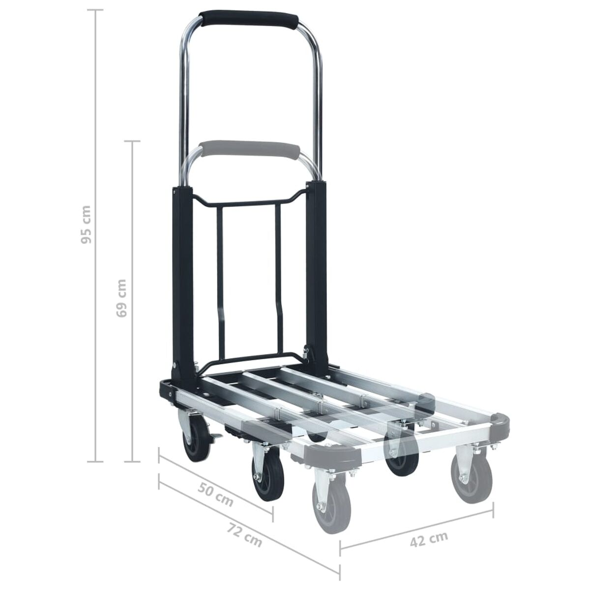Carrello con dimensioni etichettate: 95cm, 69cm, 50cm, 72cm e 42cm.