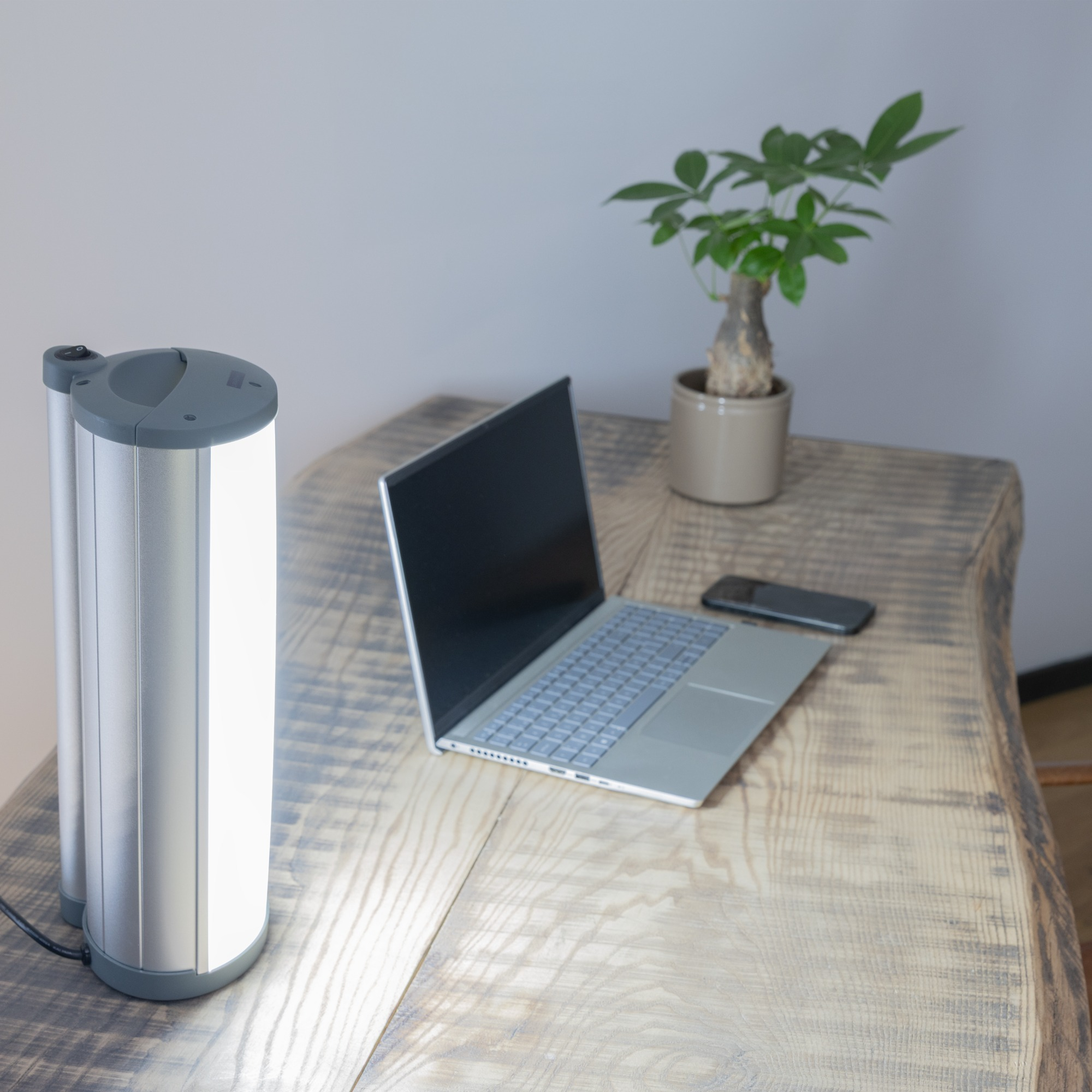 Biurko z laptopem, małą rośliną i telefonem. Po lewej stronie znajduje się cylindryczne światło.