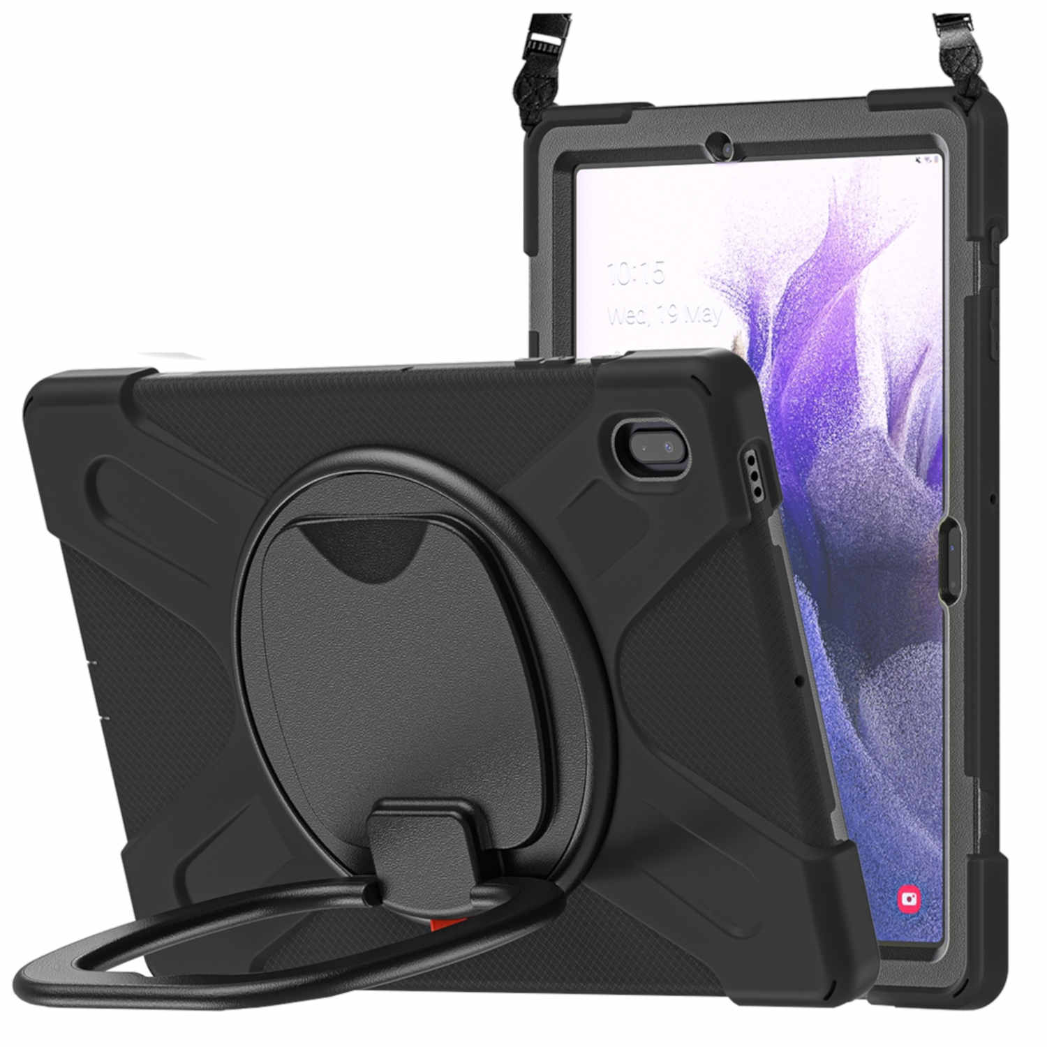 Schwarze Tablet-Hülle mit Ringhalterung und Riemen. Zwei Tablets sind zu sehen.