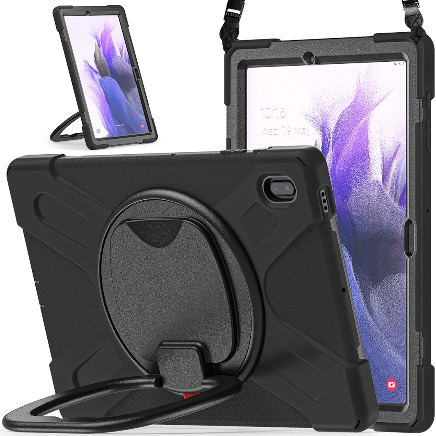 Schwarze Tablethülle mit Ständer und Ringhalter. Im Gehäuse befindet sich ein Tablet.