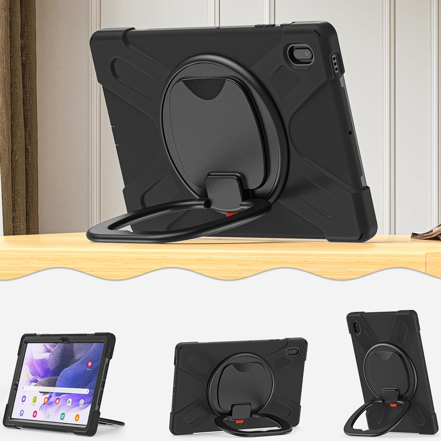 Schwarze Tablet-Hülle mit Ständer. Mehrere Ansichten zeigen die Hülle mit dem Tablet.