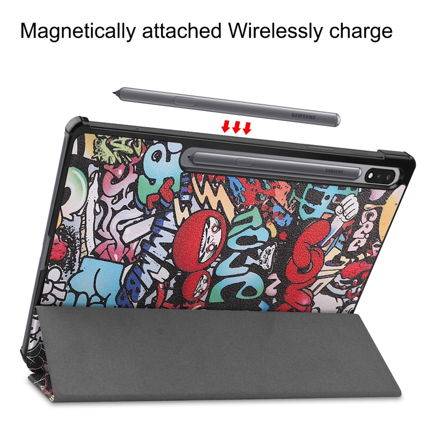 Tablet mit Stift, Graffiti-Kunst auf der Rückseite und einer Hülle, plus magnetisch befestigter Stift.