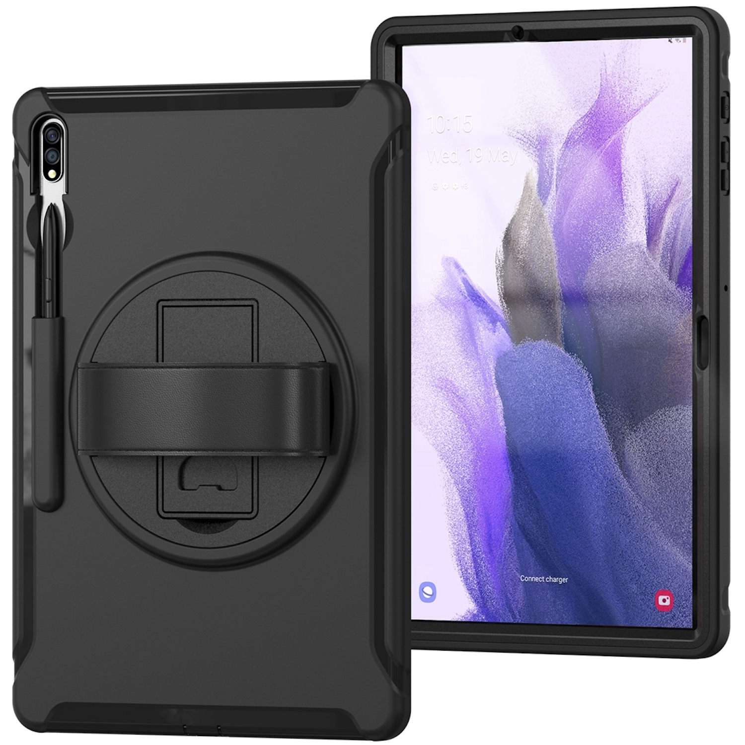 Schwarzes Tablet in einer Schutzhülle mit Stift, daneben gezeigt.
