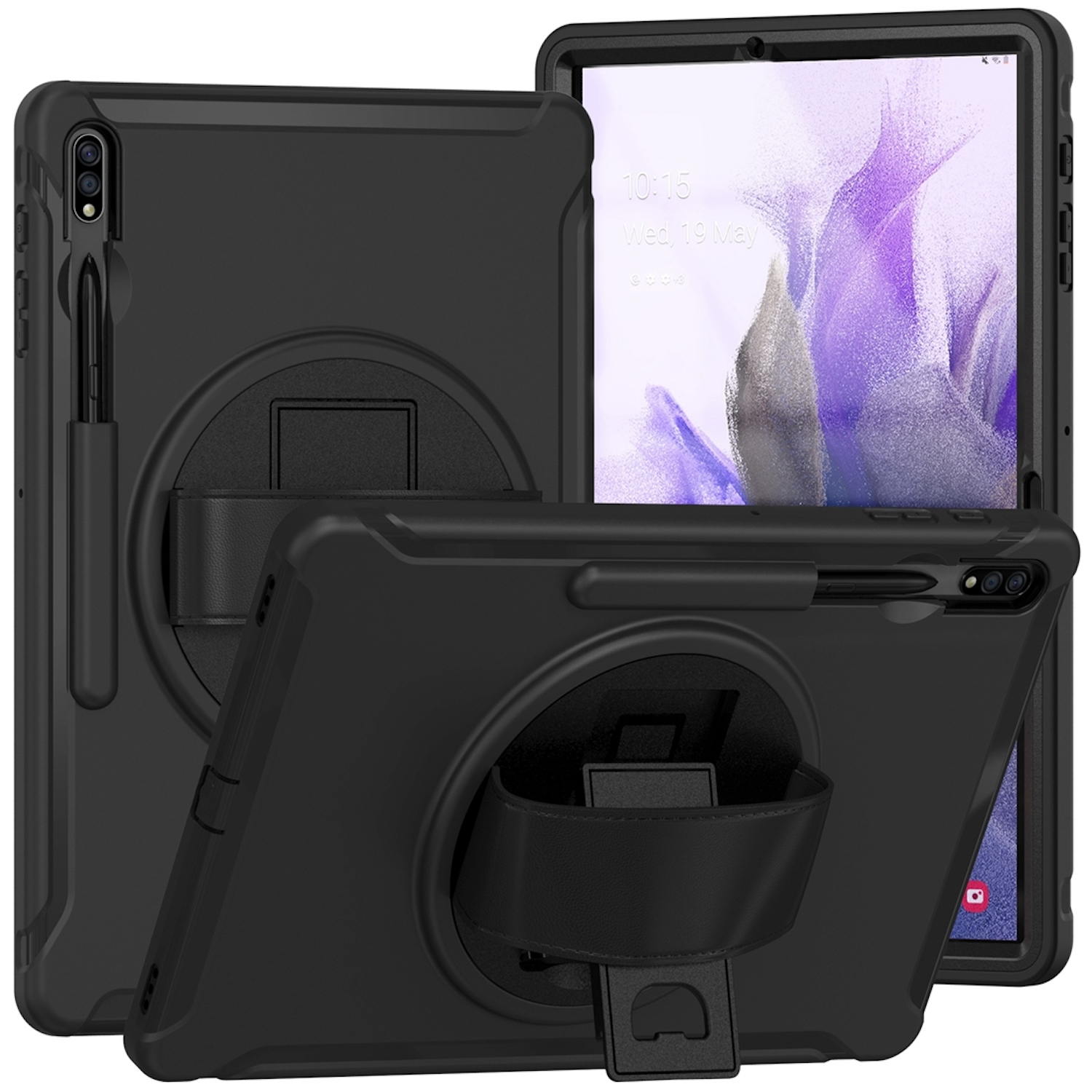 Schwarze Tablet-Hüllen mit Handschlaufe und Ständer. Tablet in einer der Hüllen.