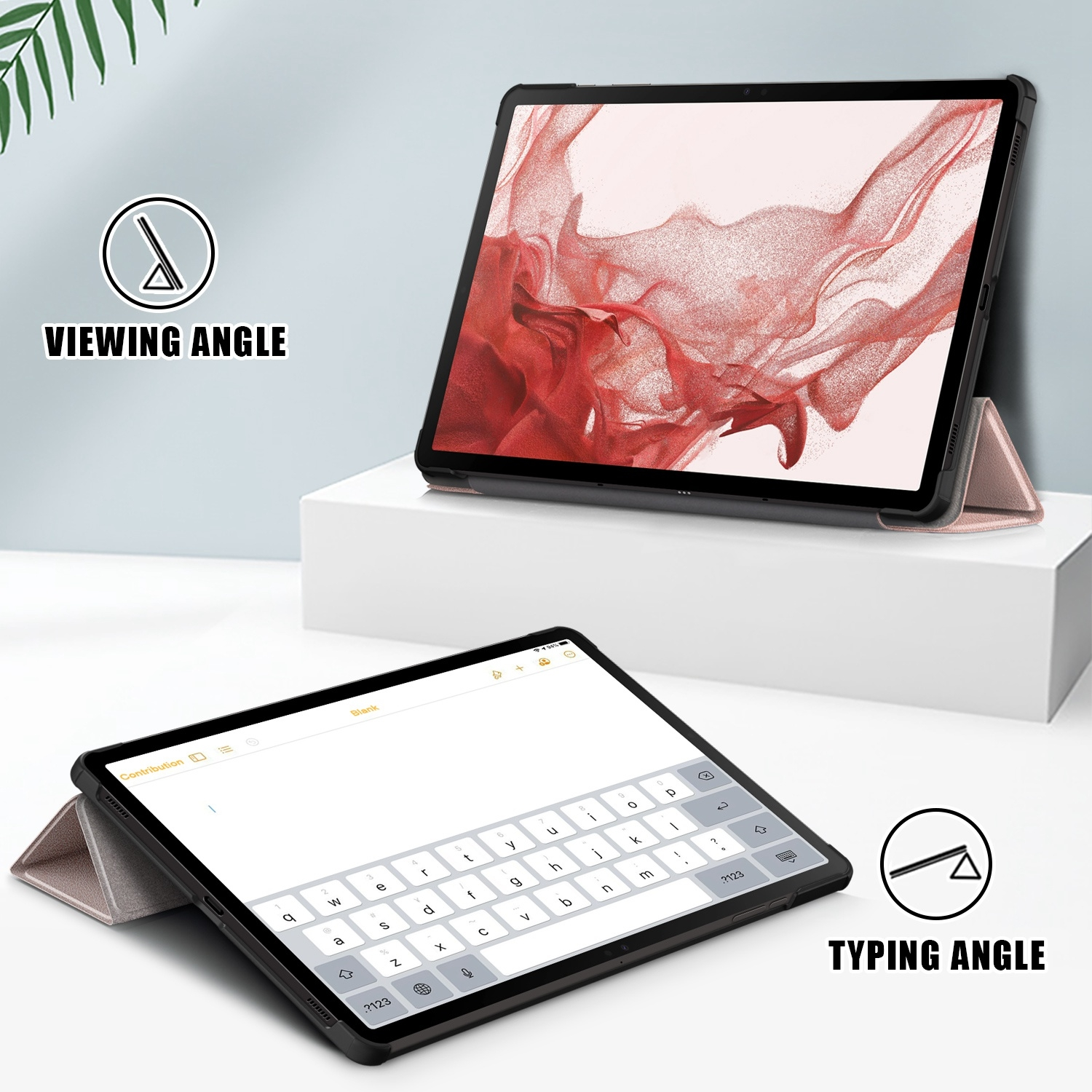 Zwei Tablets in einem Gehäuse. Eines im Tippwinkel, das andere im Betrachtungswinkel. Weißer Hintergrund und ein rosa Gehäuse.