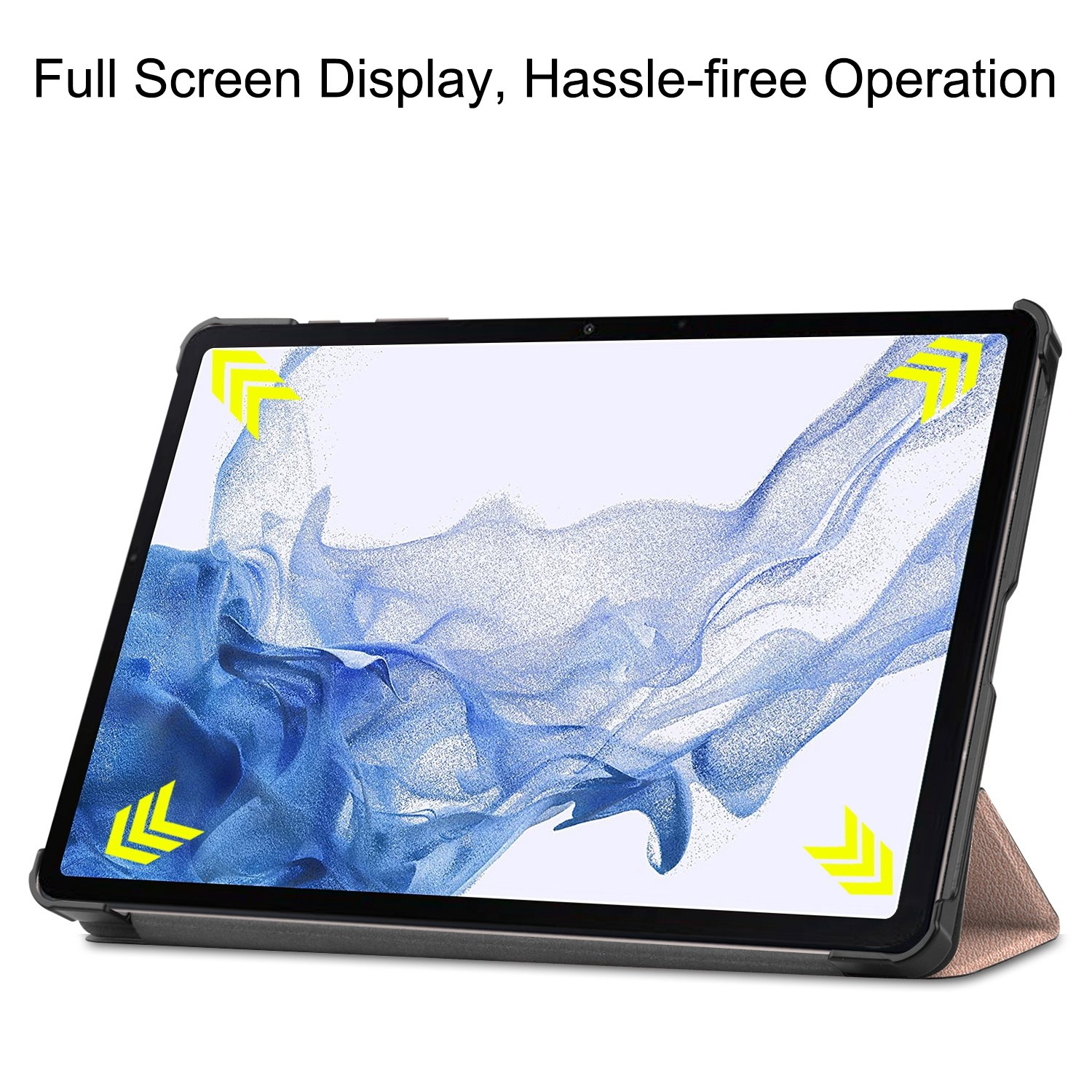 Tablet mit eingeschaltetem Bildschirm, in einer Hülle mit Ständer, Text: Vollbild.