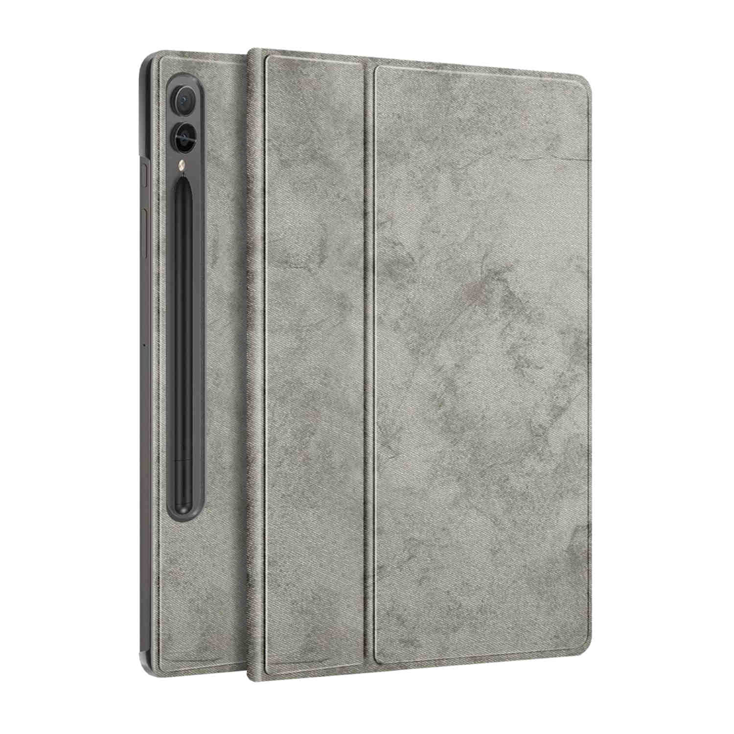 Tablet mit Schutzhülle und Stift. Die Hülle ist grau und hat eine strukturierte Oberfläche.