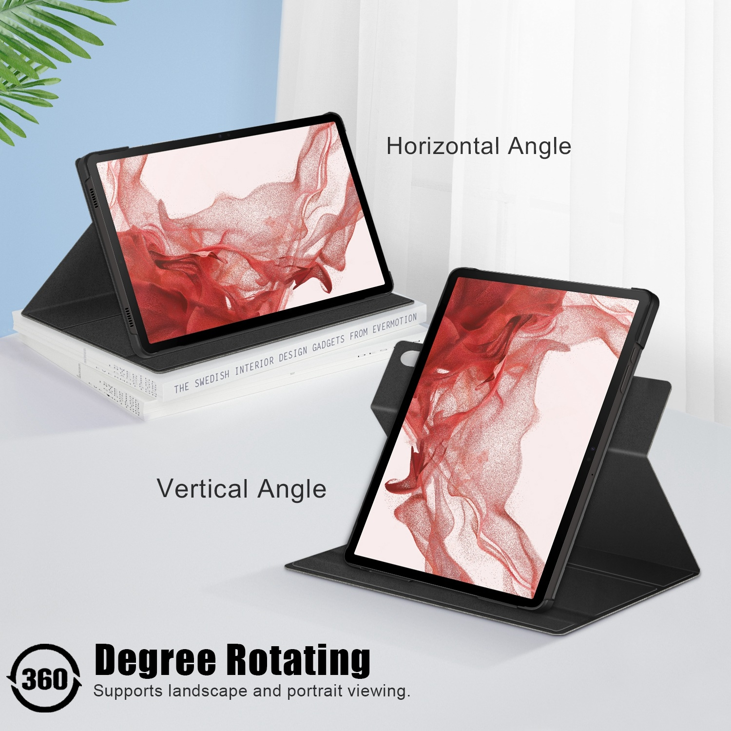 Tablet mit schwarzem Gehäuse in zwei verschiedenen Winkeln. Das Gehäuse unterstützt sowohl horizontale als auch vertikale Ansicht.