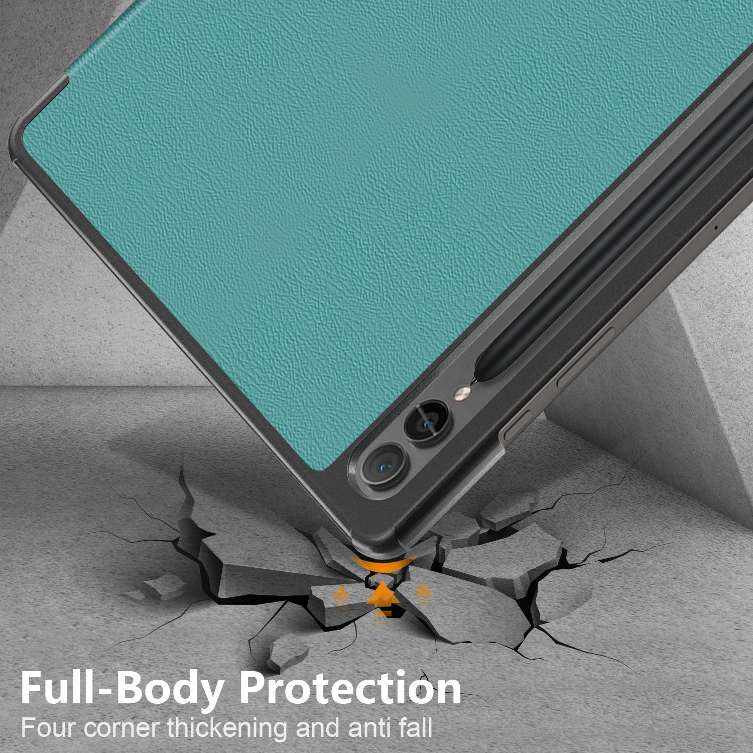 Tablet mit türkisblauem Cover fällt und lässt den Boden zerbrechen. Text: Ganzkörperschutz.