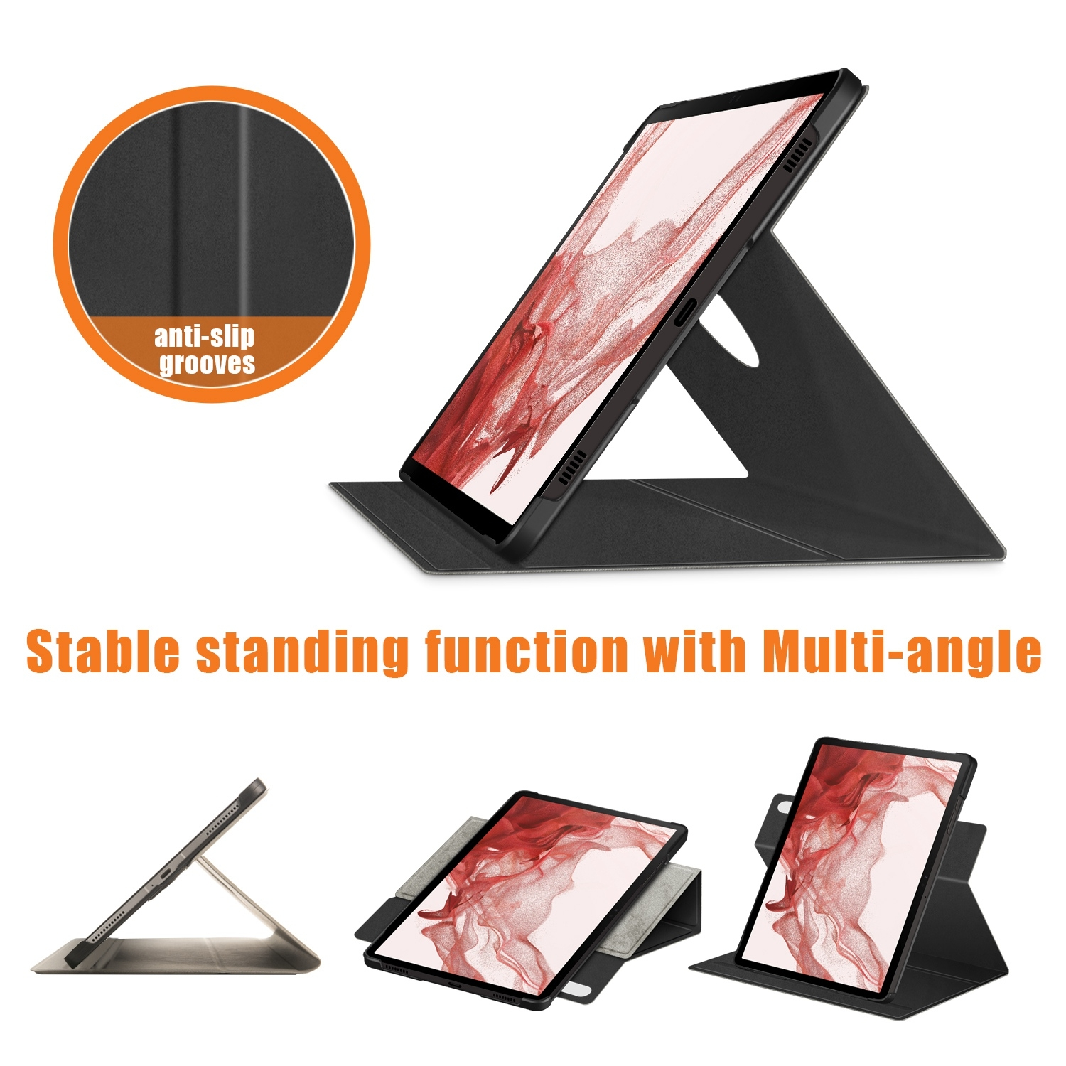 Tablet in schwarzem Gehäuse, in verschiedenen Winkeln aufgestellt. Mit Anti-Rutsch-Rillen.