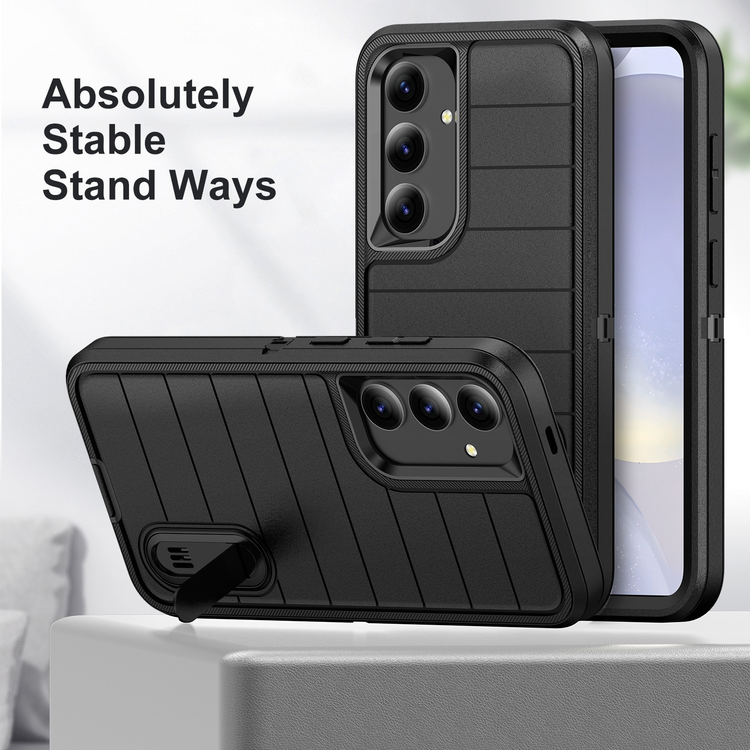 Schwarze Handyhüllen mit Ständer, die das Telefon zeigen. Ein Gehäuse ist offen, das andere geschlossen.
