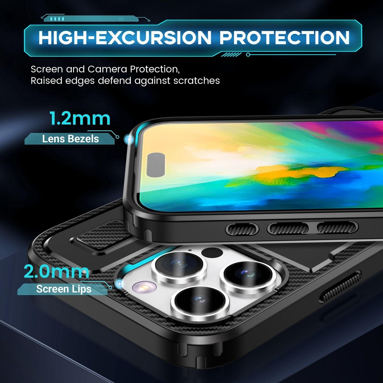Funda negra para teléfono en un teléfono. Tiene bordes elevados y biseles de lente, lo que promueve la protección de la pantalla y la cámara.