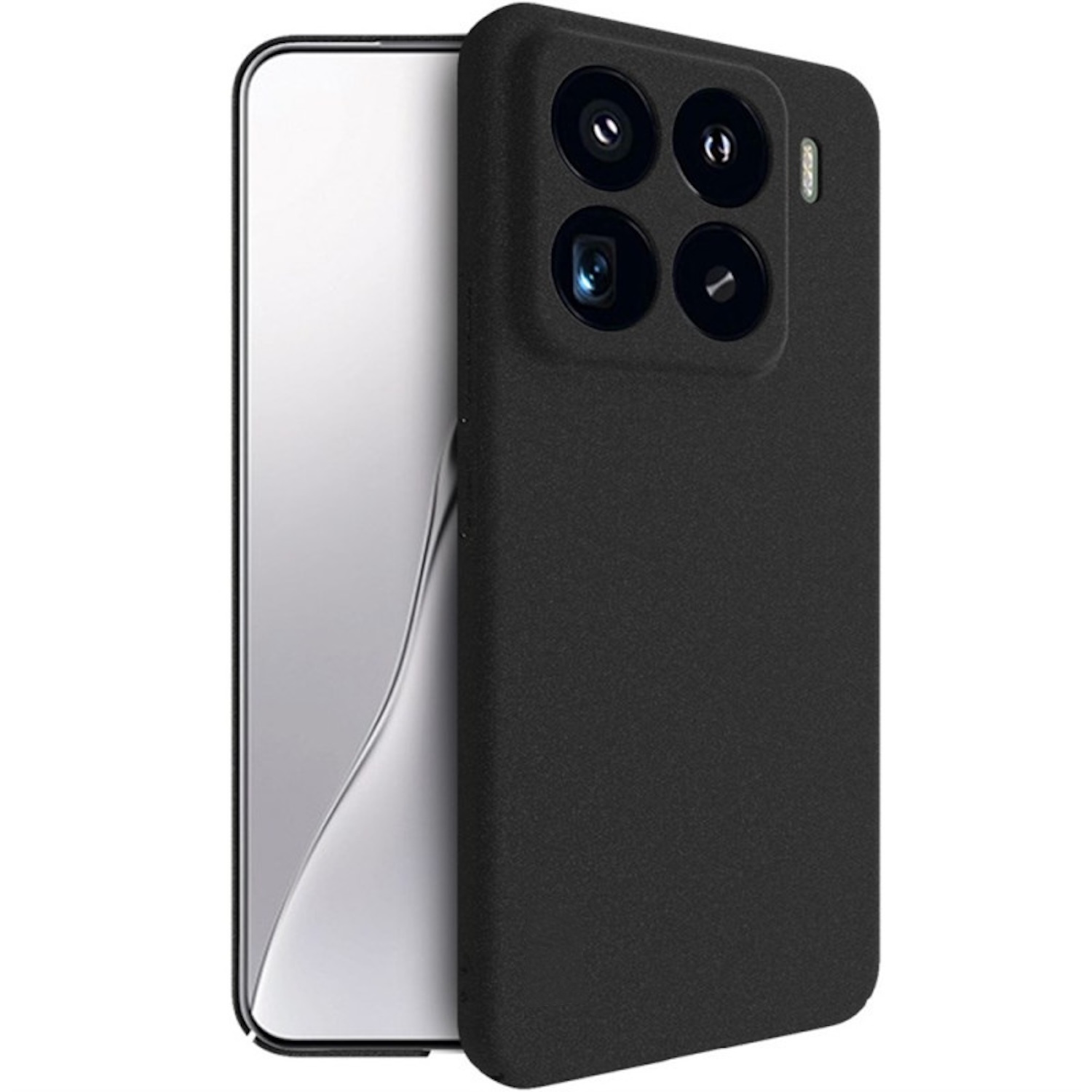 Smartphone negro con funda. El área de la cámara es visible. El teléfono está sobre una superficie blanca.