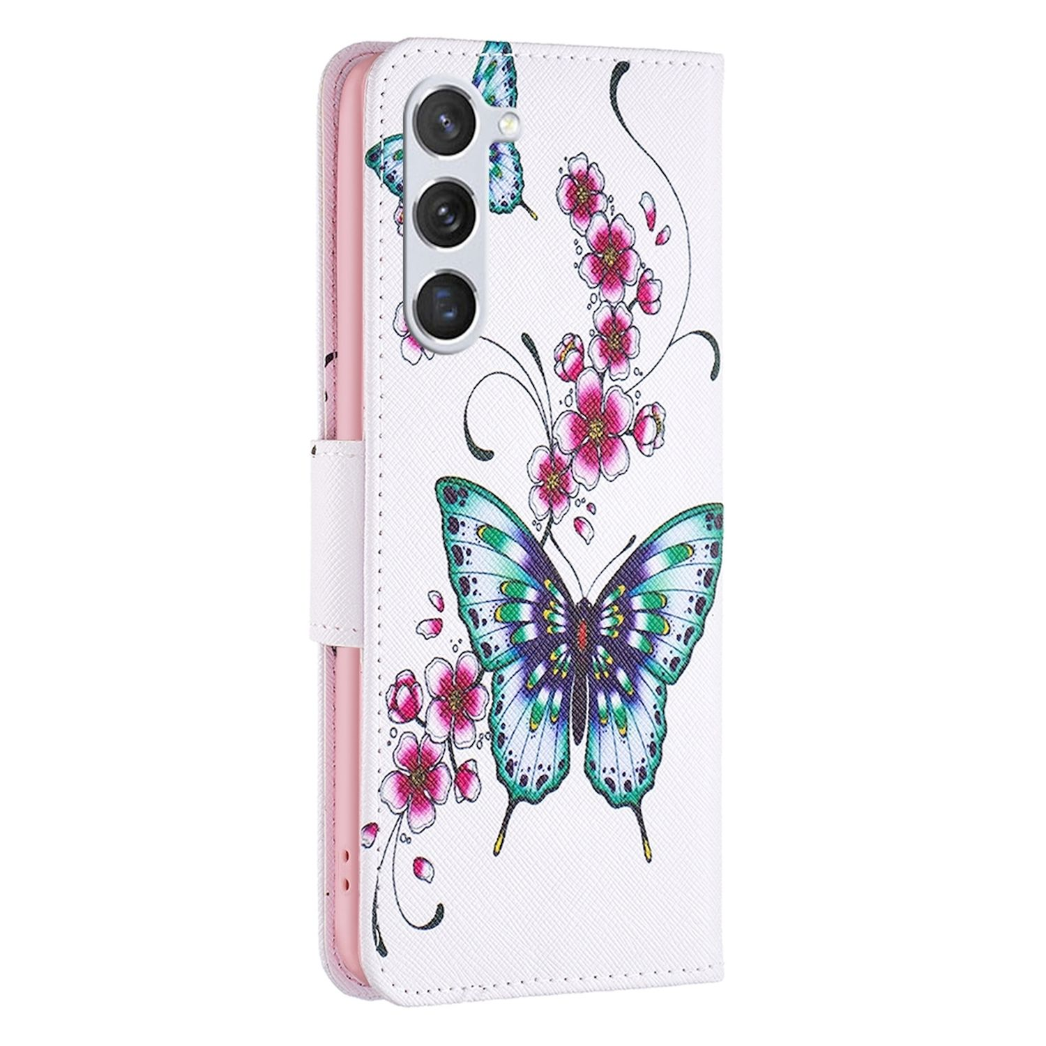 Funda blanca para smartphone con diseño floral y mariposa. Cuenta con cierre magnético y recortes para cámaras.