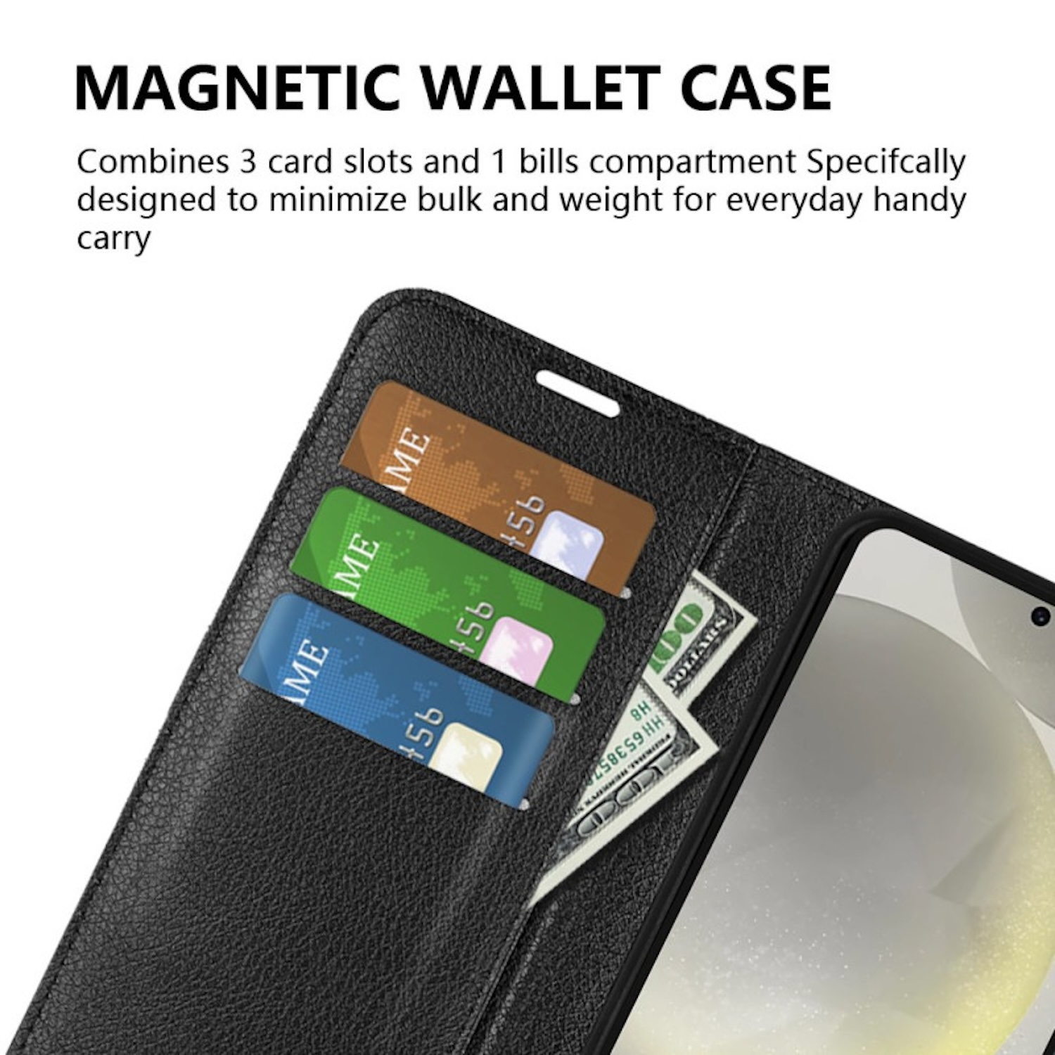 Funda negra para billetera con ranuras para tarjetas y compartimento para efectivo.