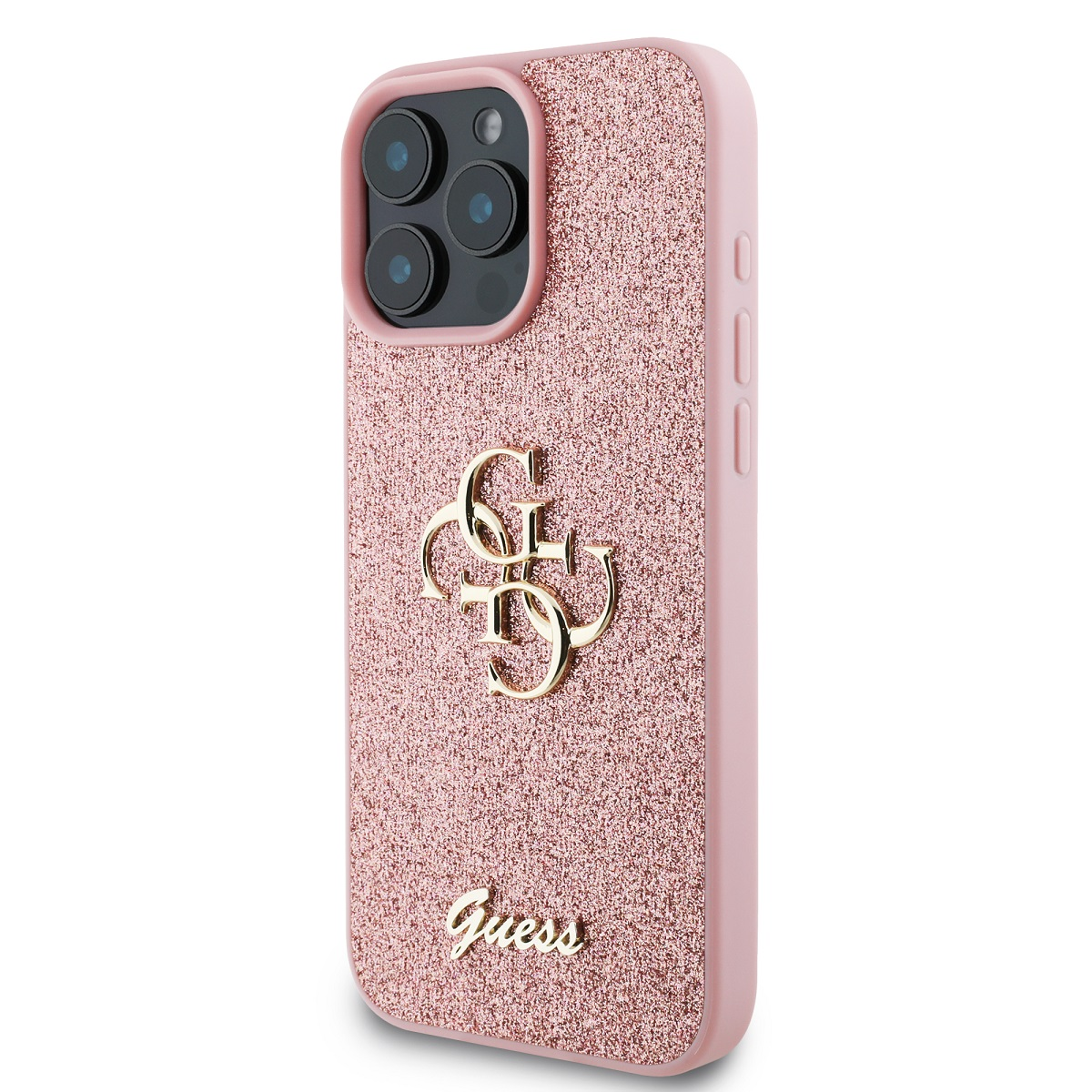 Custodia rosa glitterata con logo Guess dorato e telefono con tre fotocamere.
