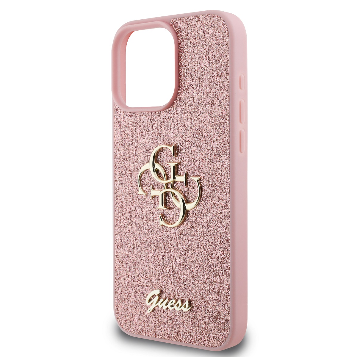 Una custodia per telefono rosa glitterata con un logo Guess dorato.